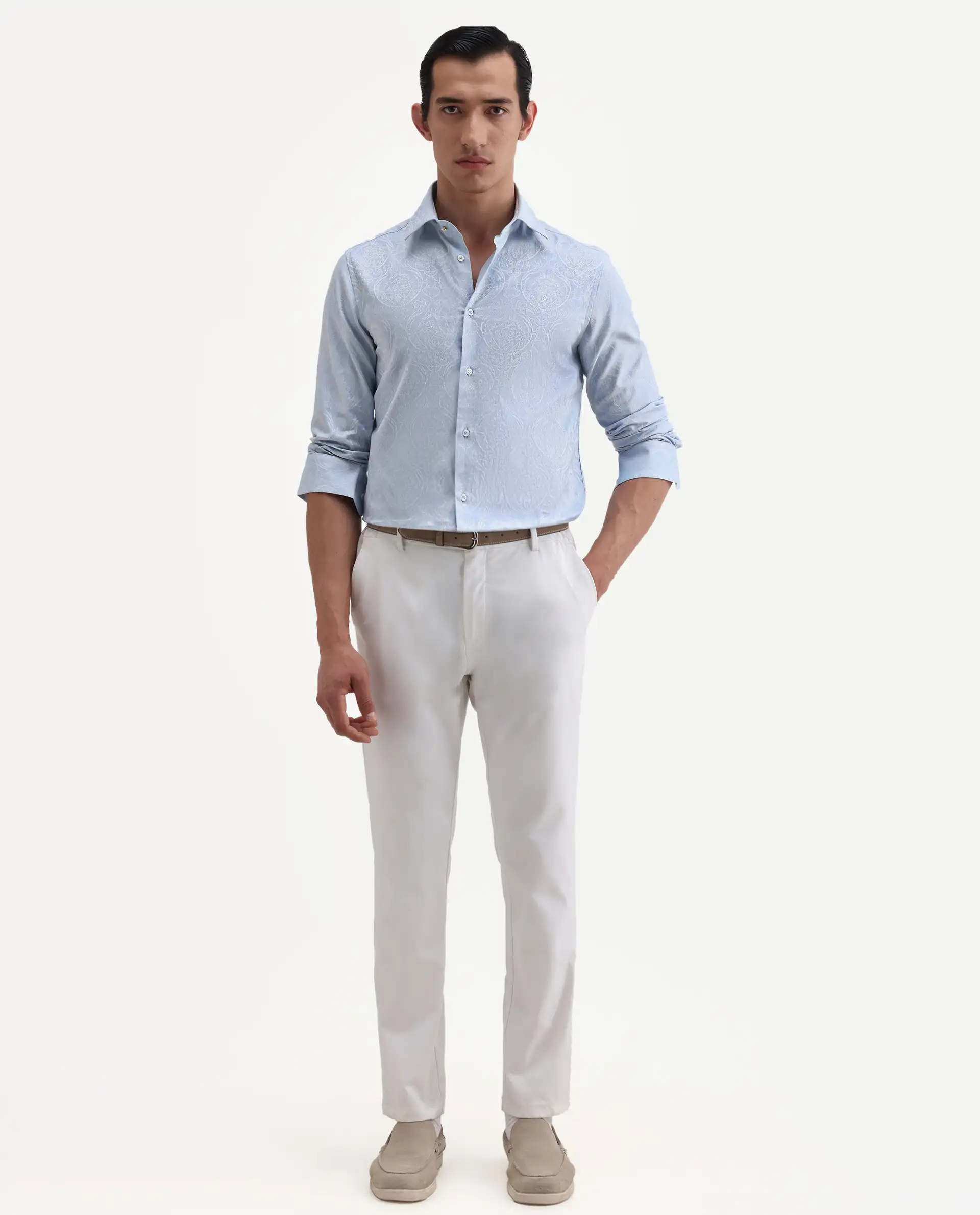 Rare Rabbit Men's Jaco Dusky Blue Cotton Fabric Full Sleeve Spread Collar Button Regular Jacquard Shirt - Image 2