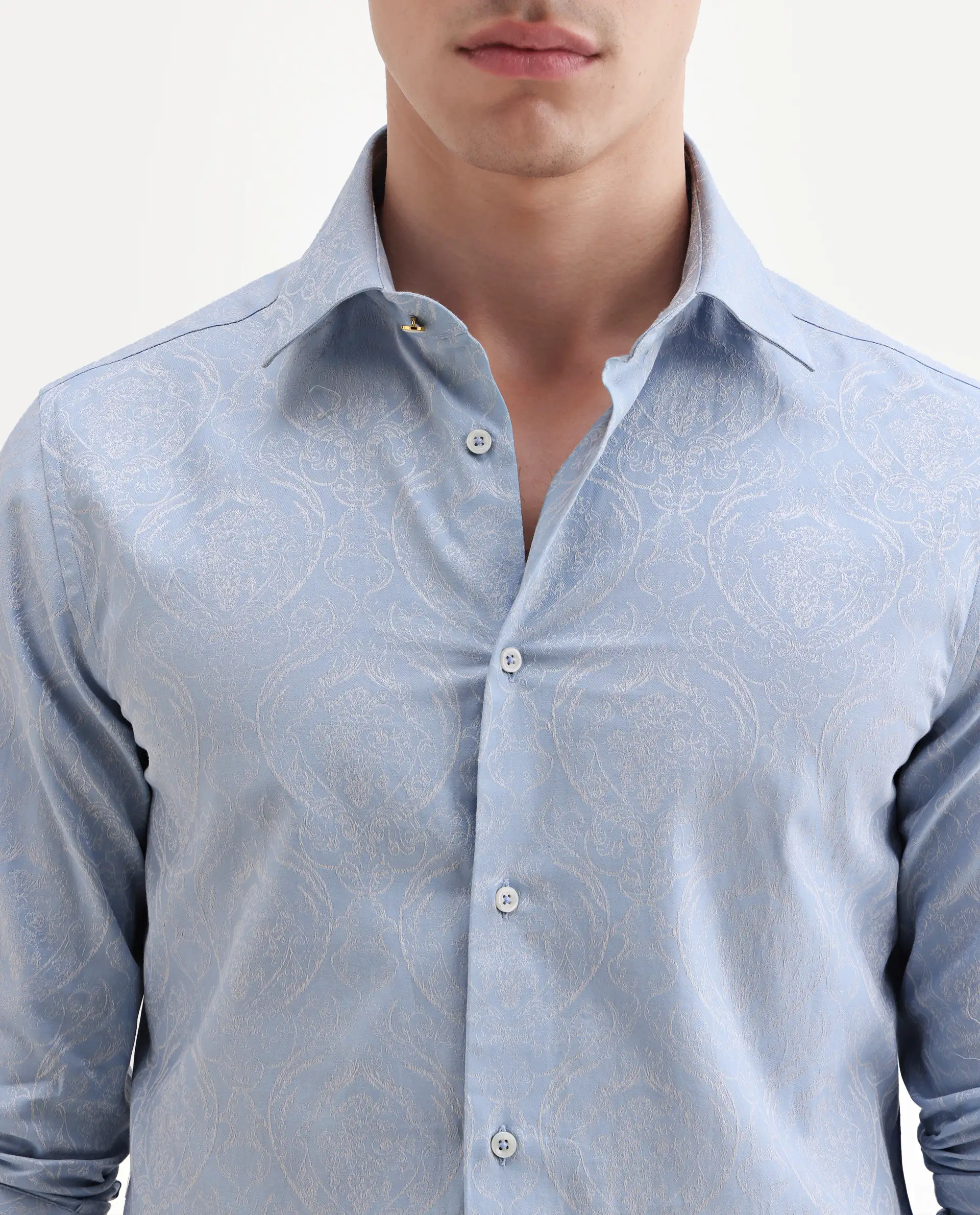 Rare Rabbit Men's Jaco Dusky Blue Cotton Fabric Full Sleeve Spread Collar Button Regular Jacquard Shirt - Image 3