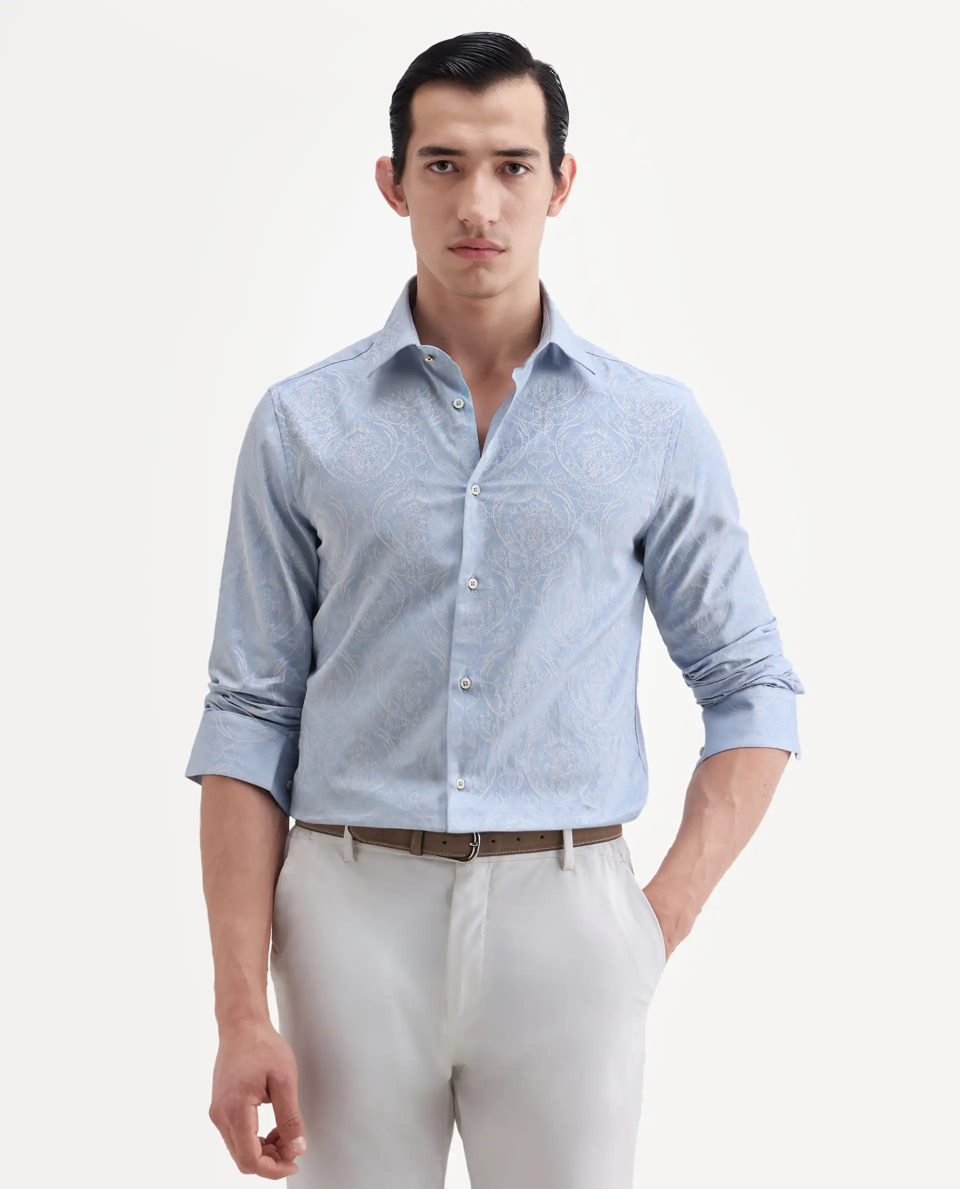 Rare Rabbit Men's Jaco Dusky Blue Cotton Fabric Full Sleeve Spread Collar Button Regular Jacquard Shirt - Image 4