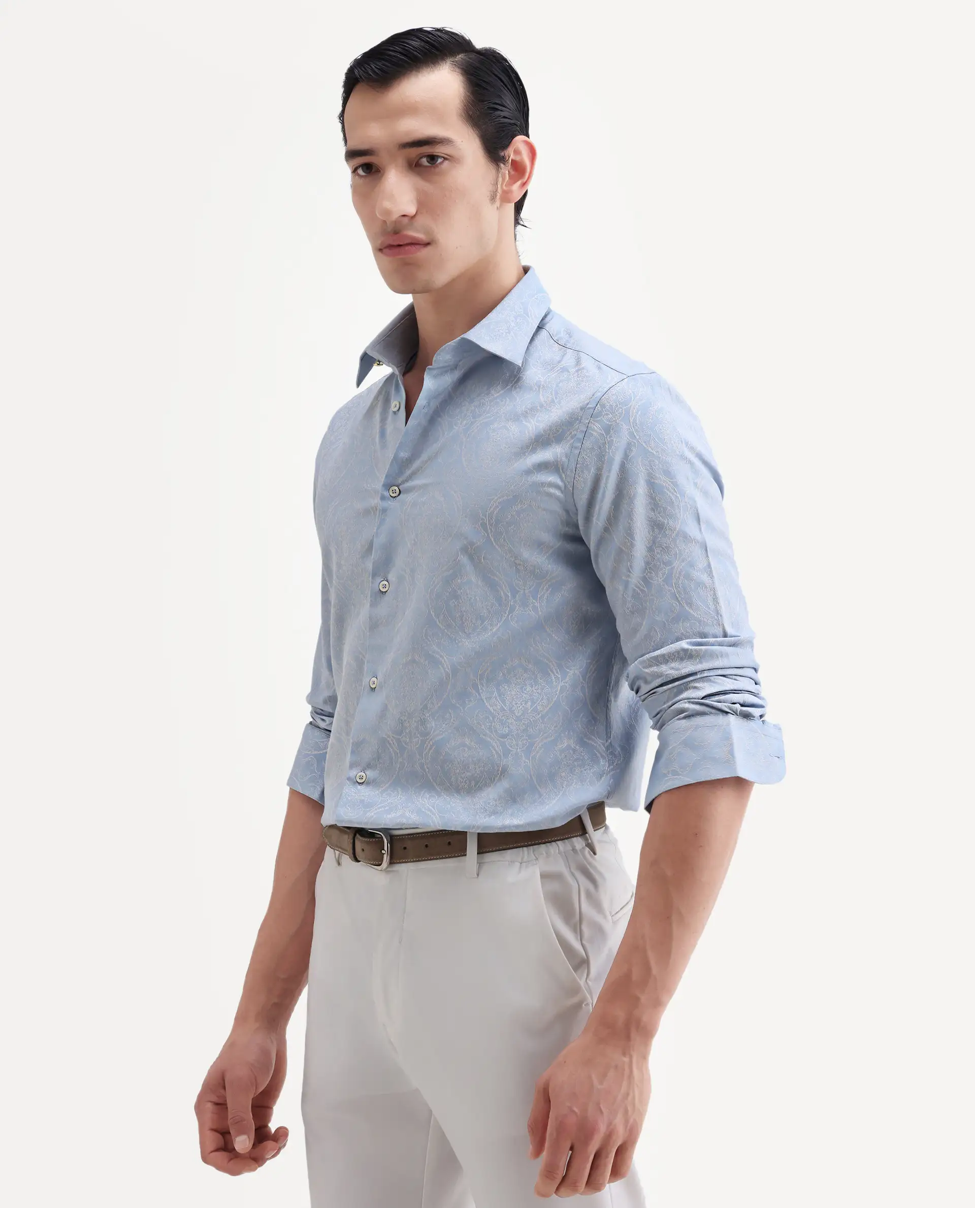 Rare Rabbit Men's Jaco Dusky Blue Cotton Fabric Full Sleeve Spread Collar Button Regular Jacquard Shirt - Image 5