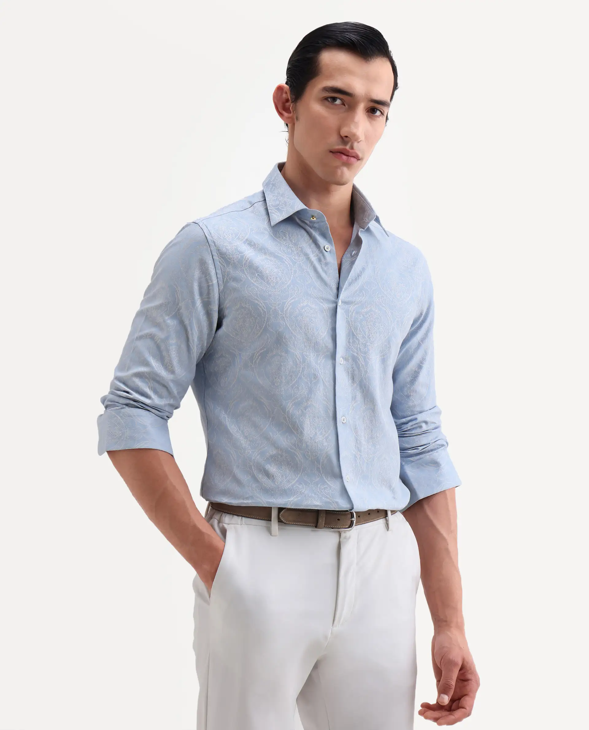 Rare Rabbit Men's Jaco Dusky Blue Cotton Fabric Full Sleeve Spread Collar Button Regular Jacquard Shirt - Image 6