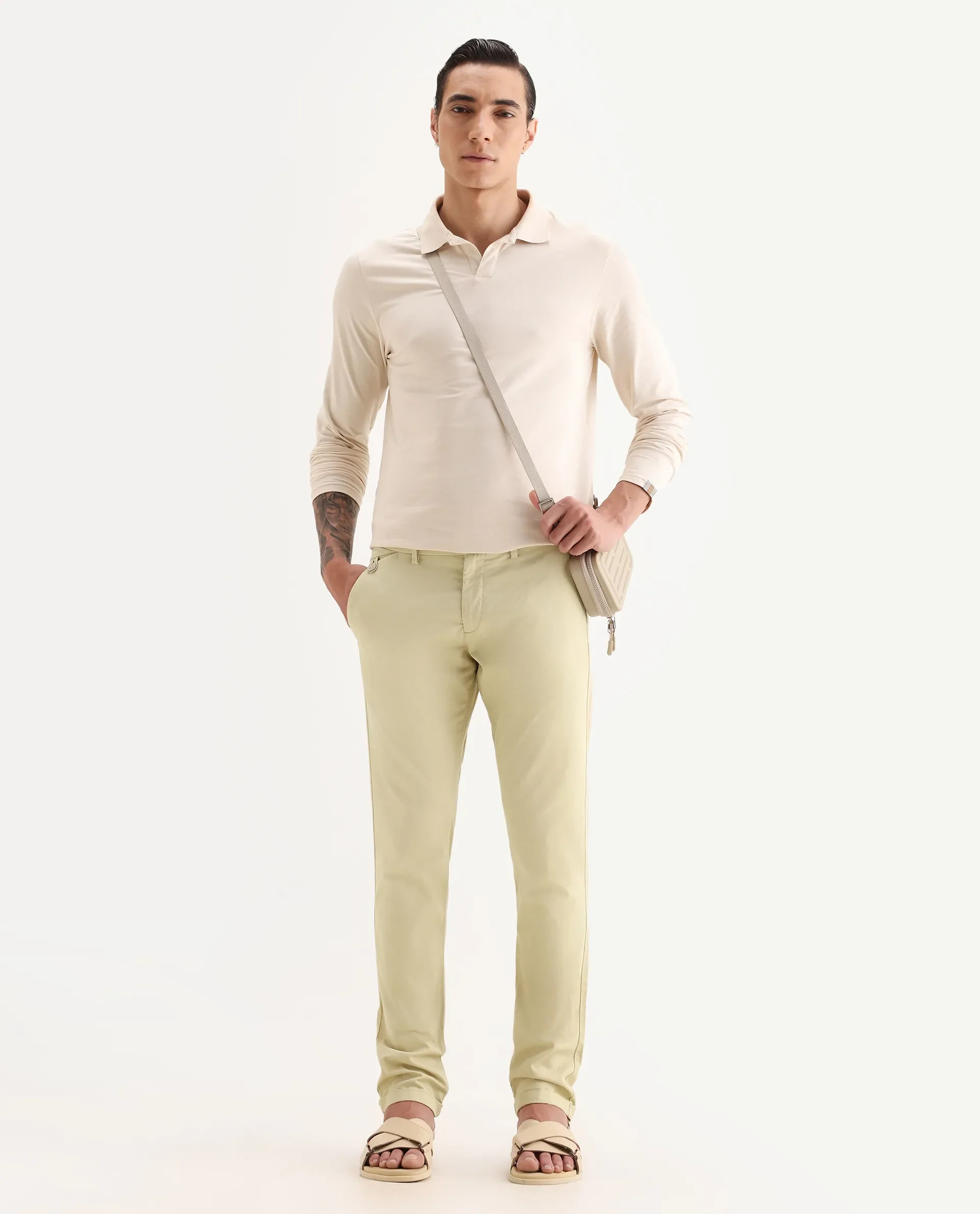 Rare Rabbit Men's Jacob Beige Cotton Plain Regular Fit Trouser