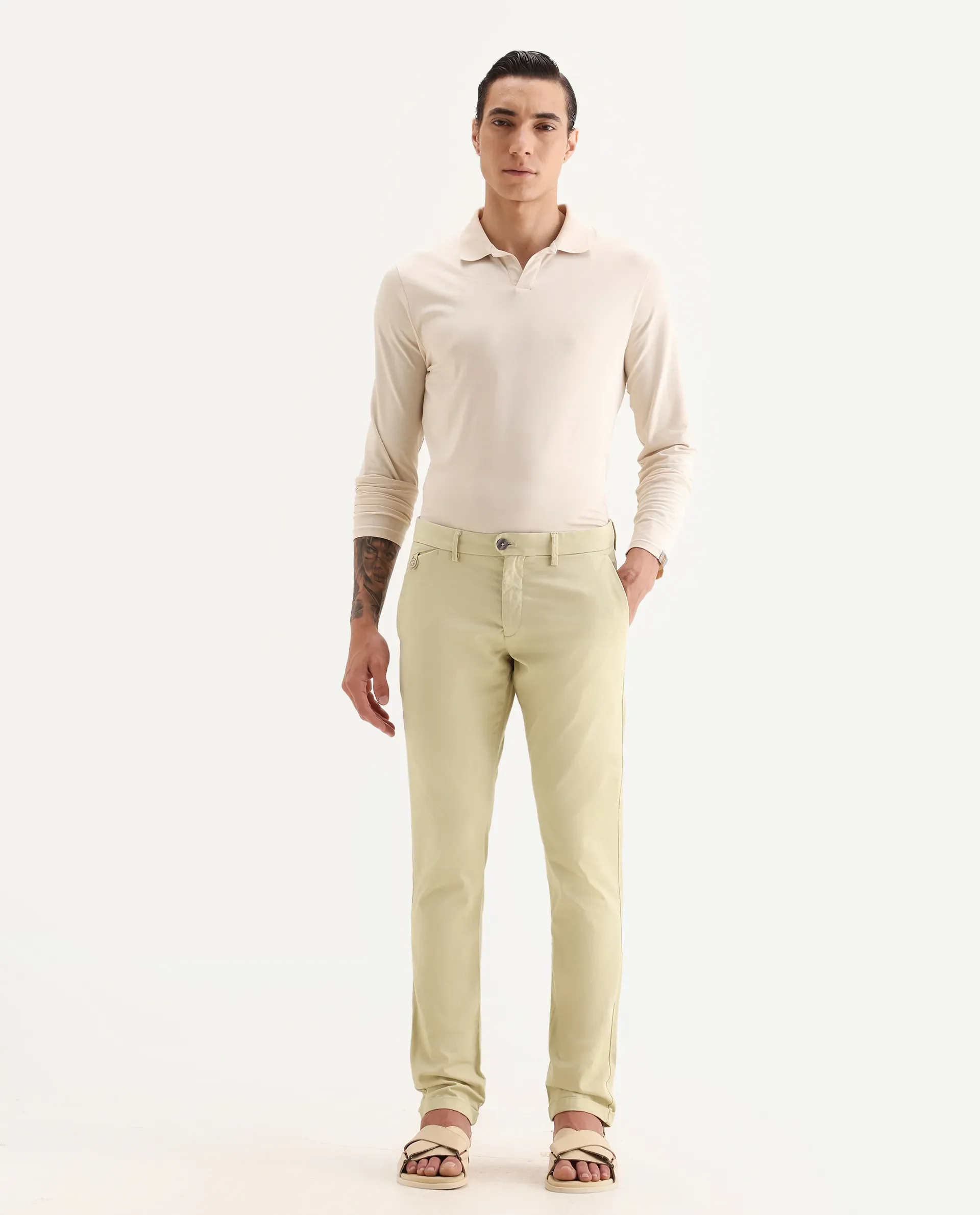 Rare Rabbit Men's Jacob Beige Cotton Plain Regular Fit Trouser - Image 4