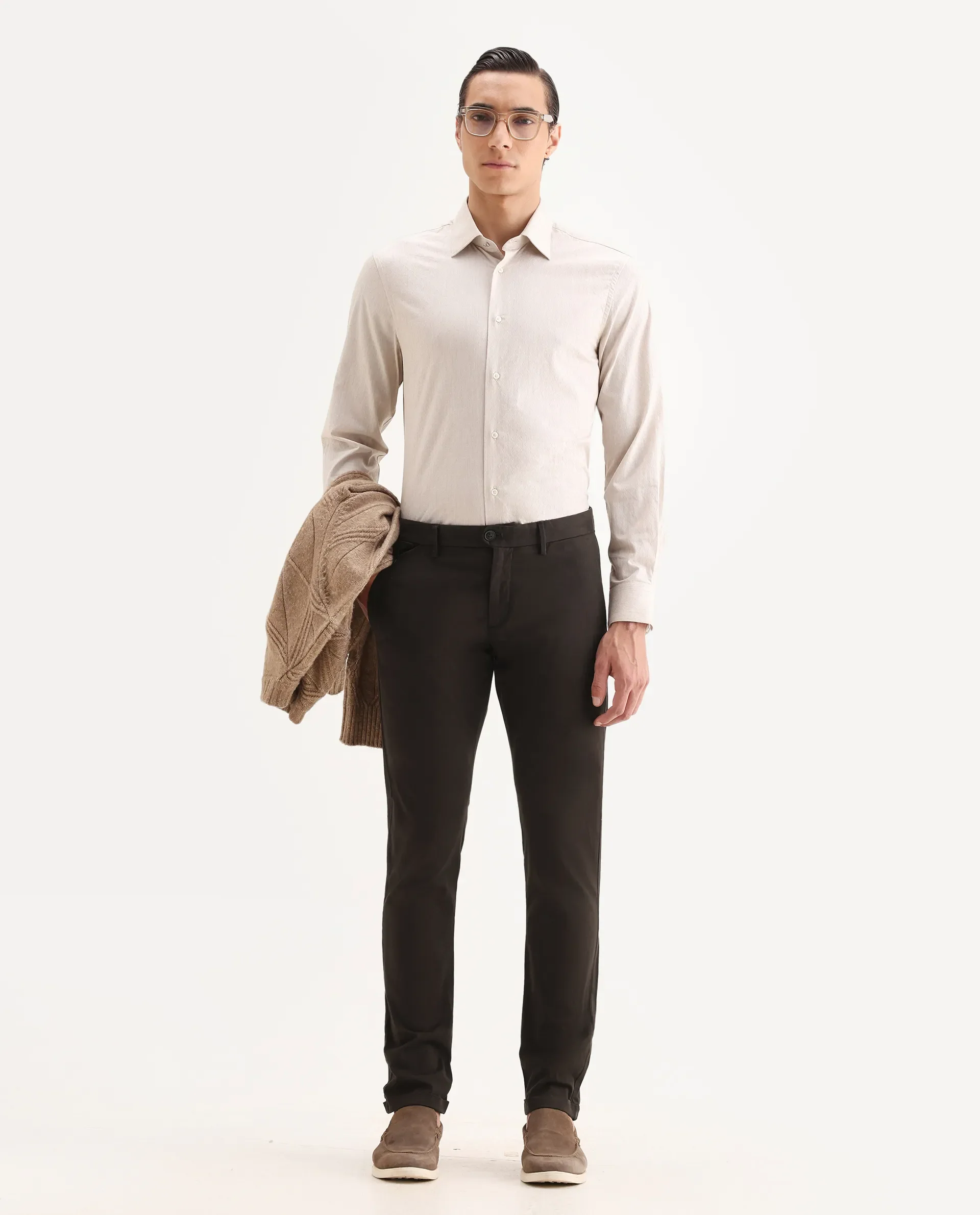 Rare Rabbit Men's Jacob Brown Cotton Plain Regular Fit Trouser