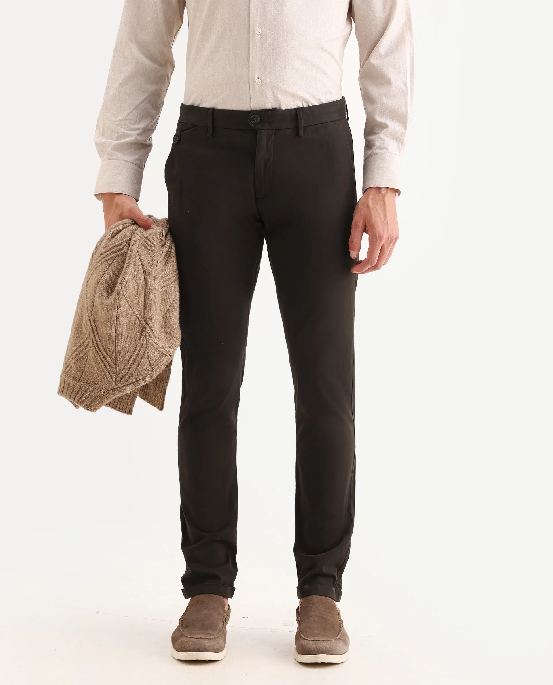 Rare Rabbit Men's Jacob Brown Cotton Plain Regular Fit Trouser - Image 2