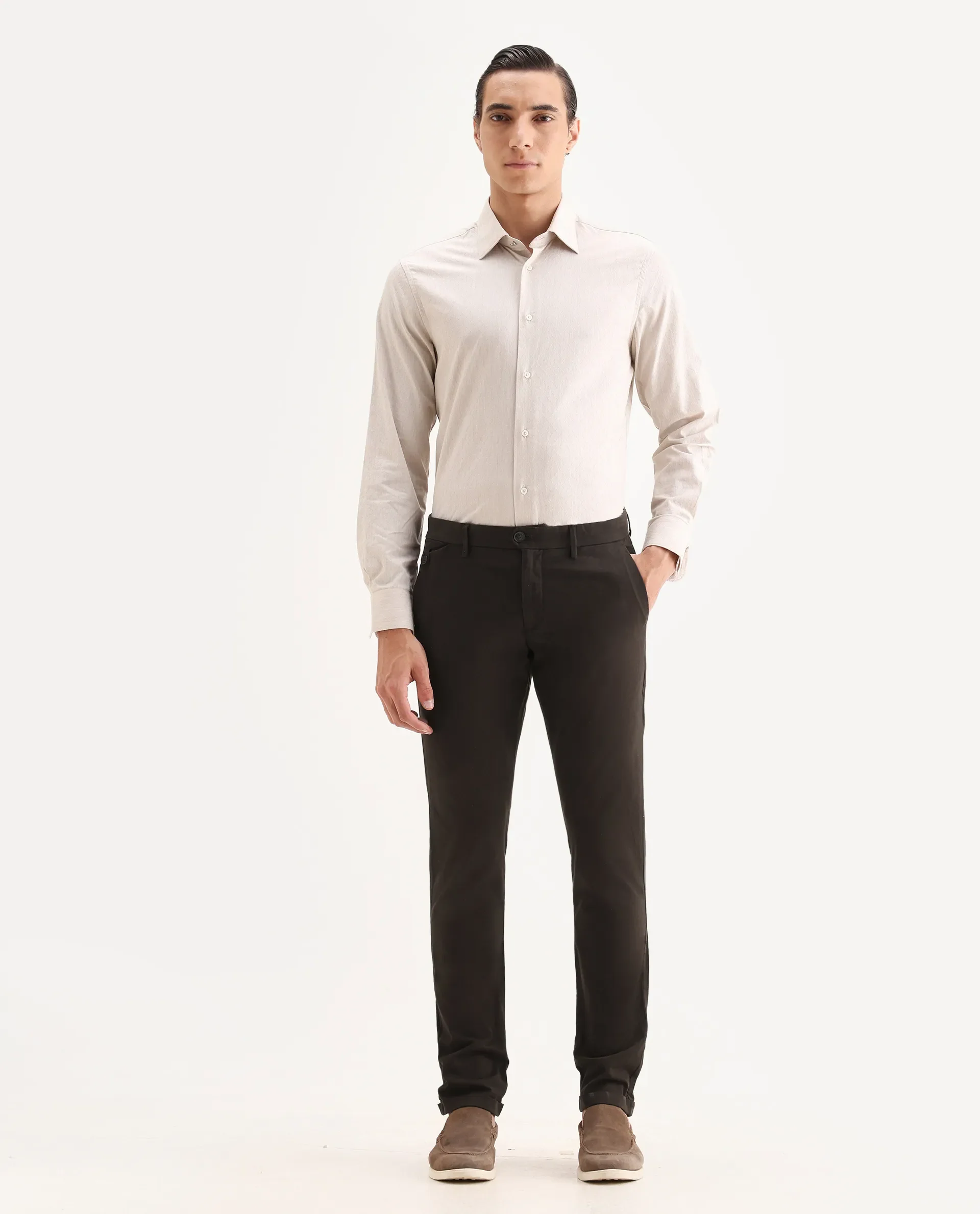 Rare Rabbit Men's Jacob Brown Cotton Plain Regular Fit Trouser - Image 4