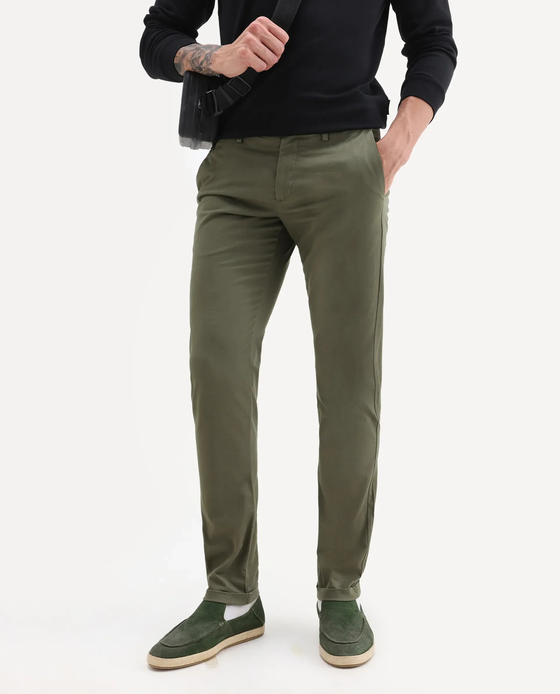 Rare Rabbit Men's Jacob Dark Olive Cotton Plain Regular Fit Trouser - Image 2