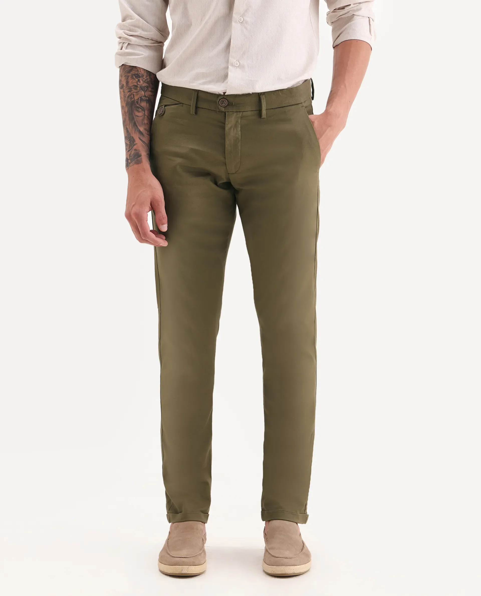 Rare Rabbit Men's Jacob Olive Cotton Plain Regular Fit Trouser - Image 2