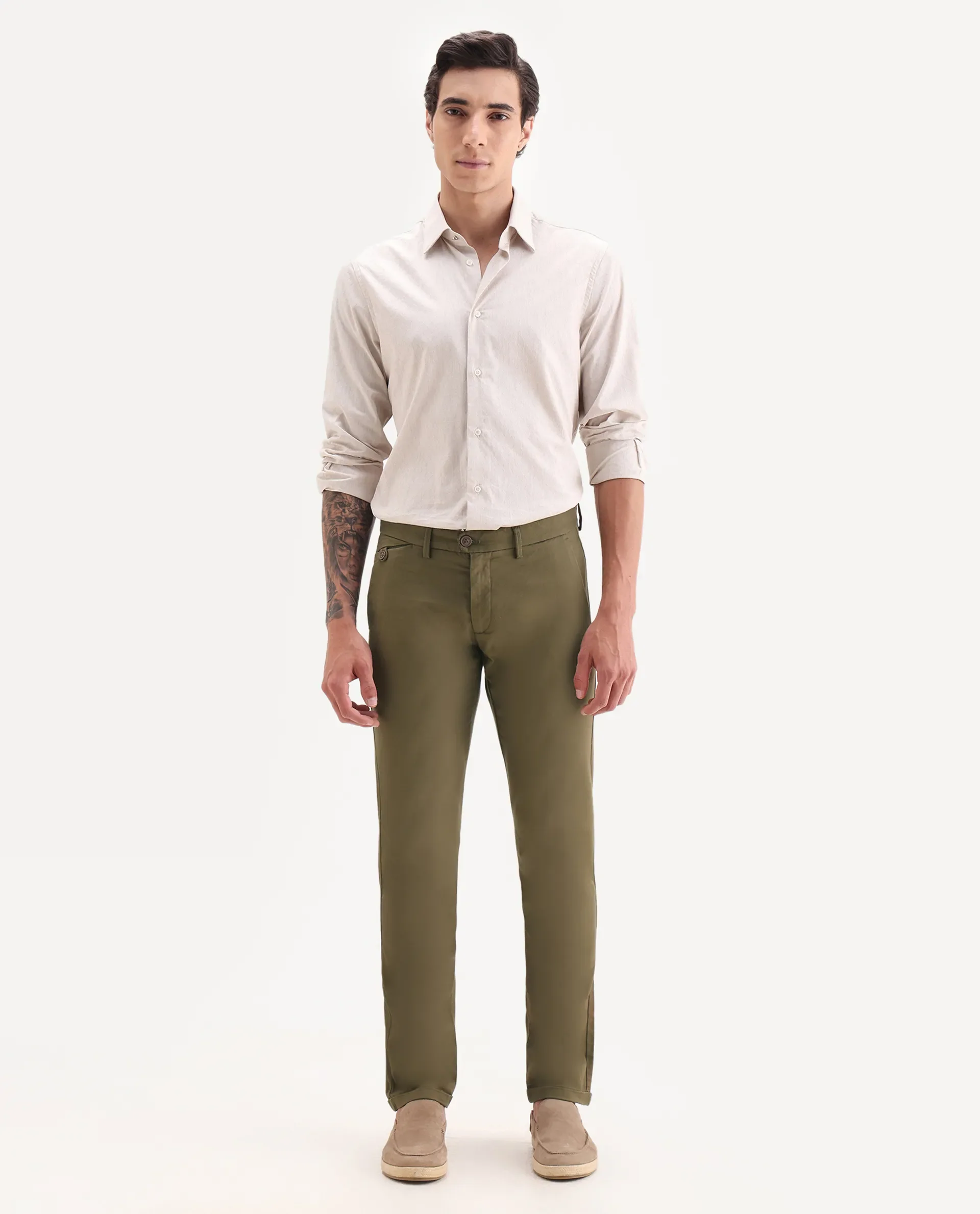 Rare Rabbit Men's Jacob Olive Cotton Plain Regular Fit Trouser - Image 4