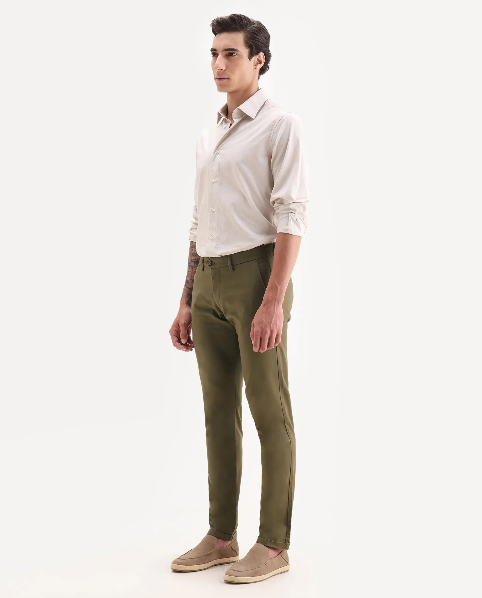 Rare Rabbit Men's Jacob Olive Cotton Plain Regular Fit Trouser - Image 5