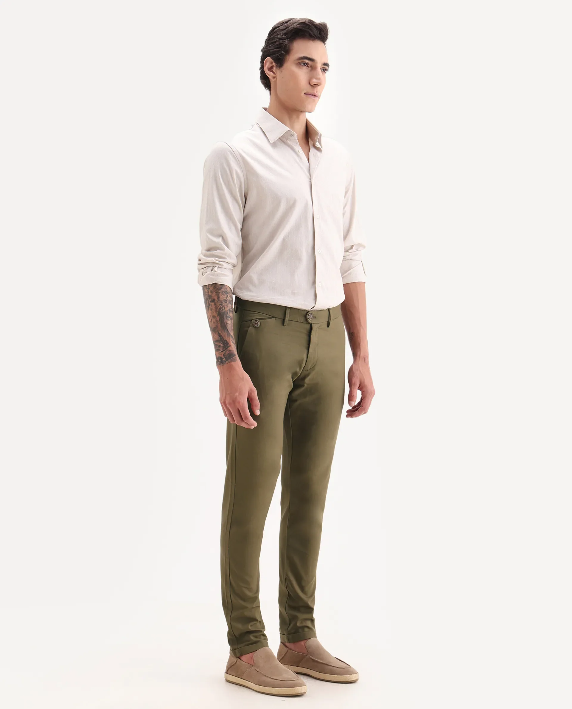 Rare Rabbit Men's Jacob Olive Cotton Plain Regular Fit Trouser - Image 6
