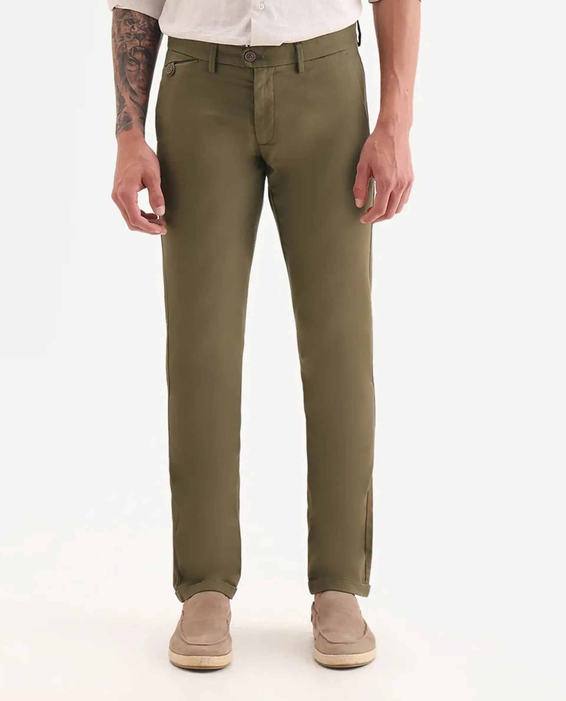 Rare Rabbit Men's Jacob Olive Cotton Plain Regular Fit Trouser - Image 7