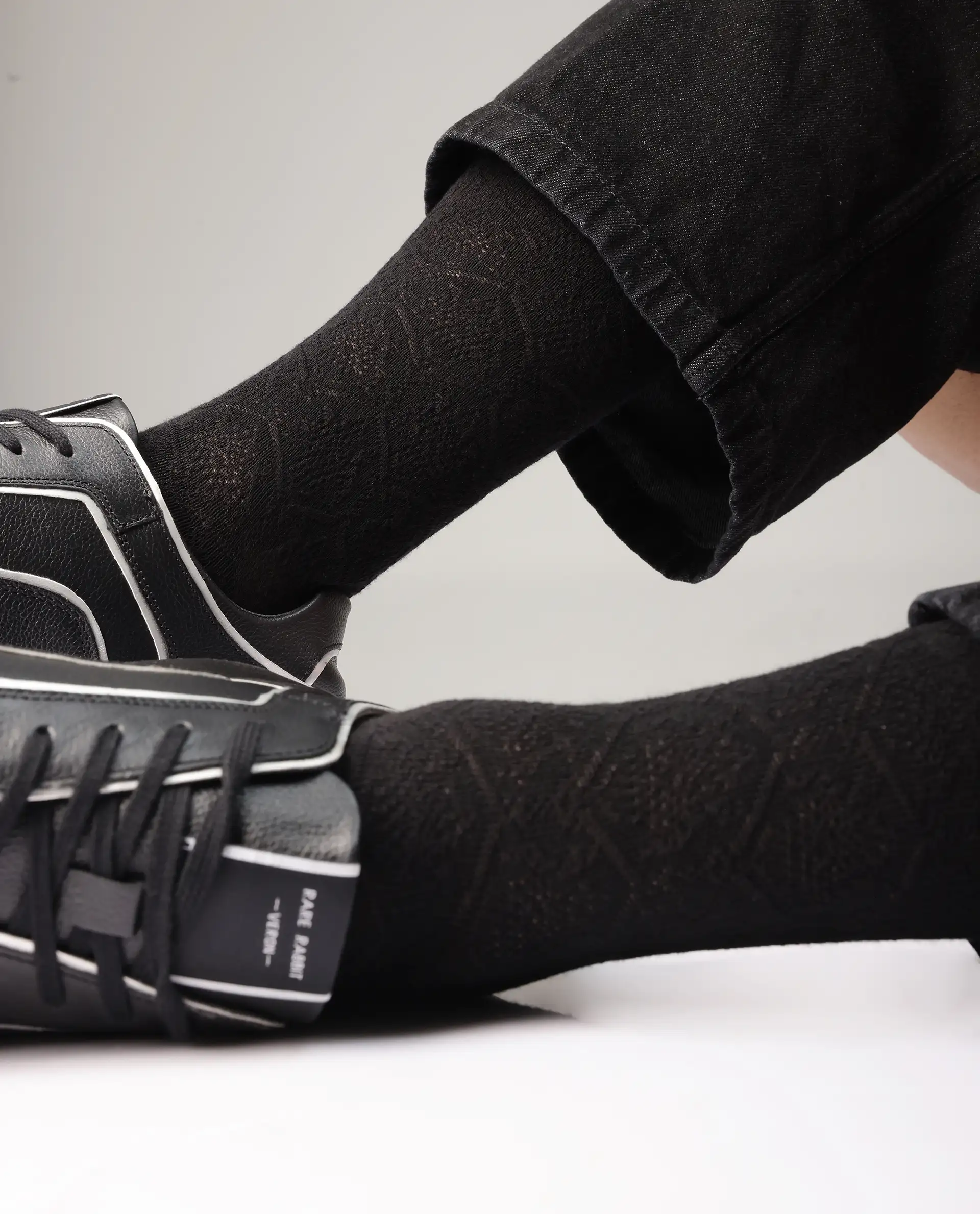 Rare Rabbit Men's Jacq Black Cotton Fabric Mid Calf Socks