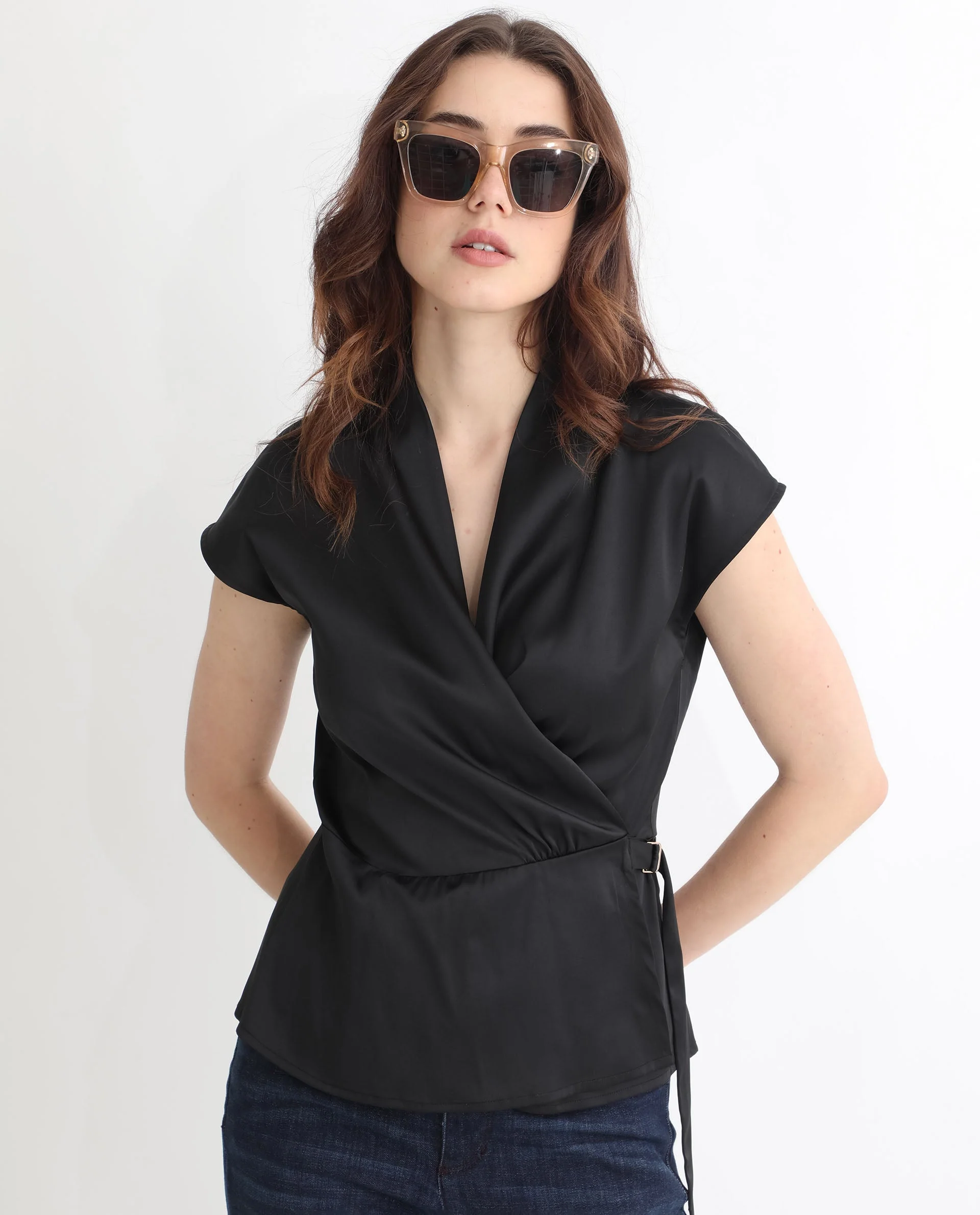 Rareism Women's Jadak Black Polyester Collarless Plain Sleeveless Regular Fit Top