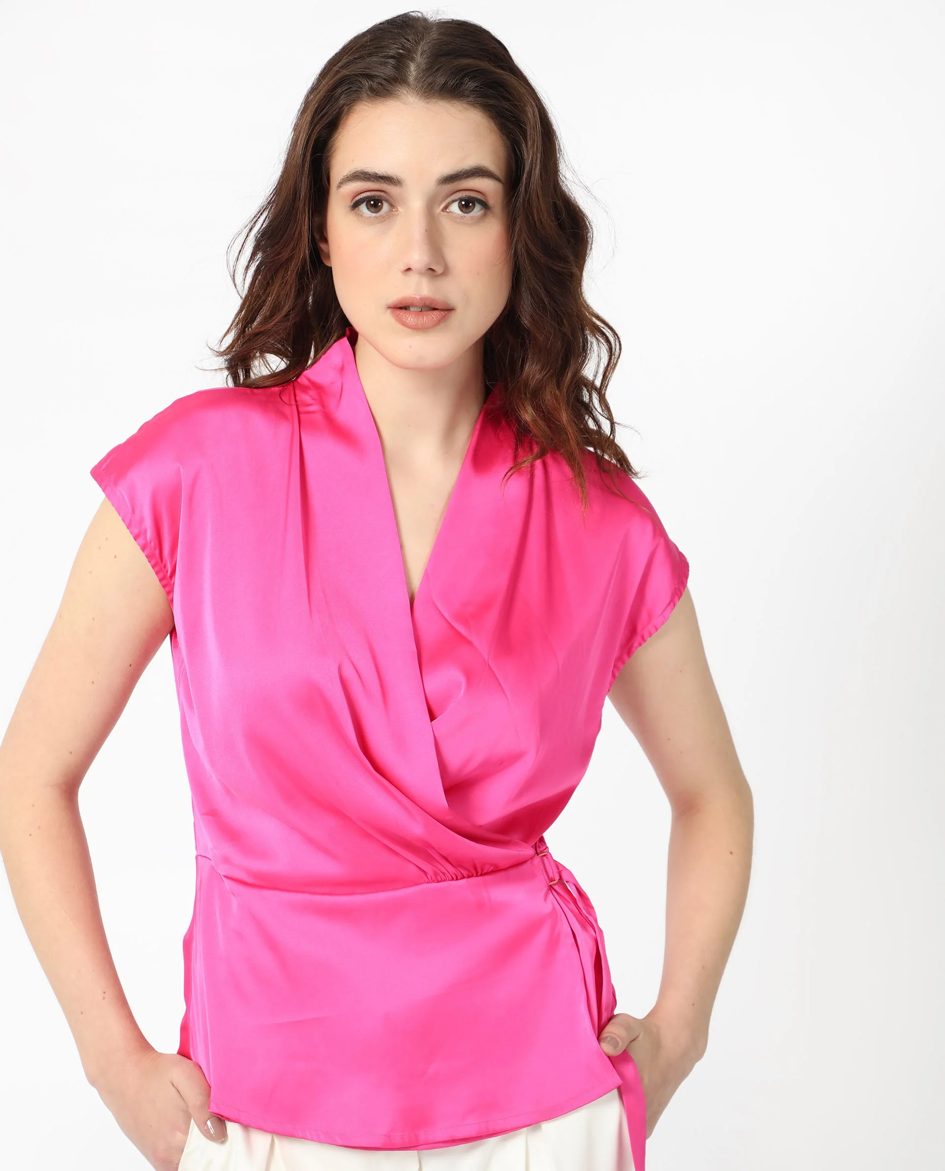 Rareism Women's Jadak Pink Polyester Collarless Plain Sleeveless Regular Fit Top - Image 4