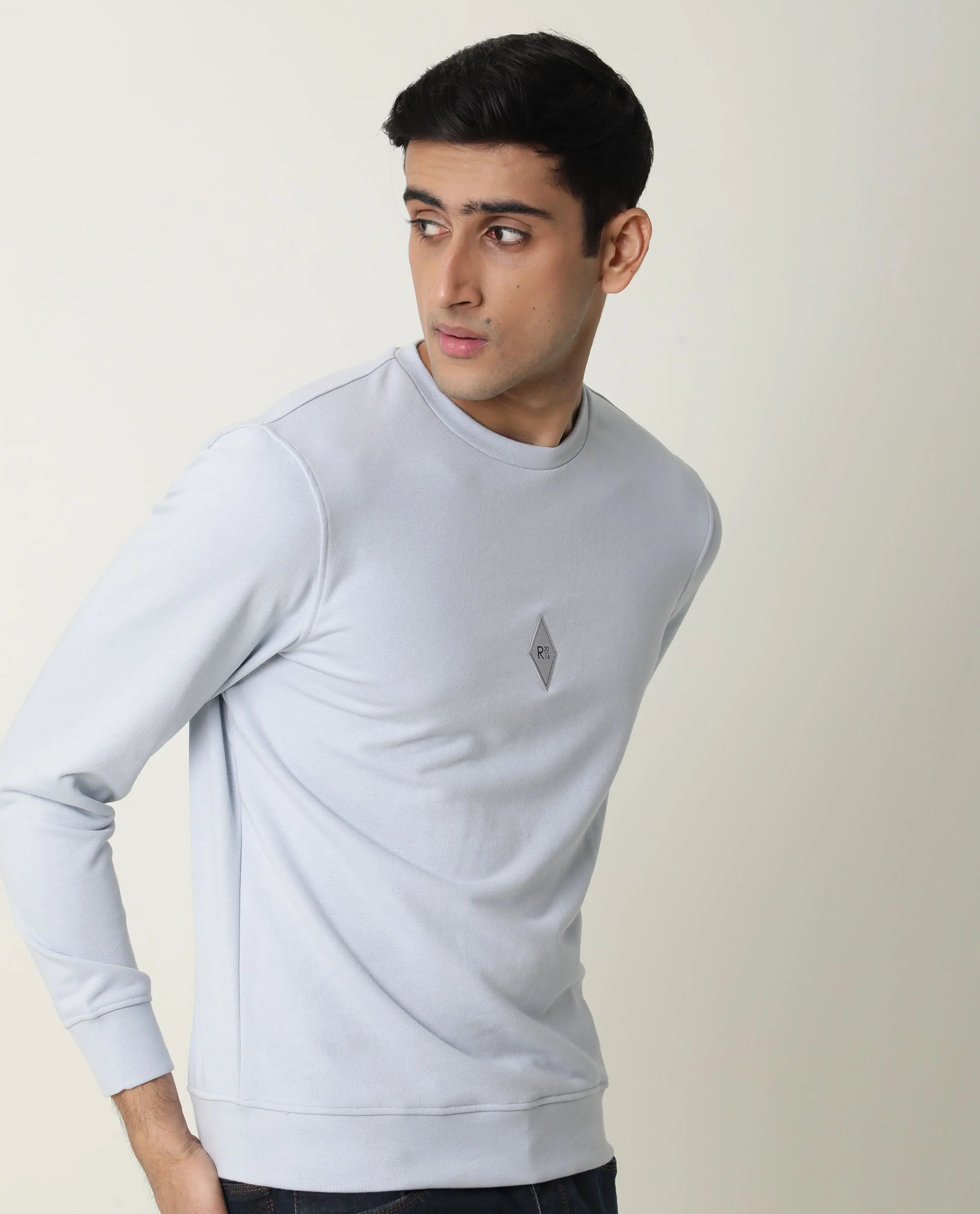 Rare Rabbit Men's Jade Blue Cotton Plain Slim Fit Full Sleeve Crew Neck Sweatshirt