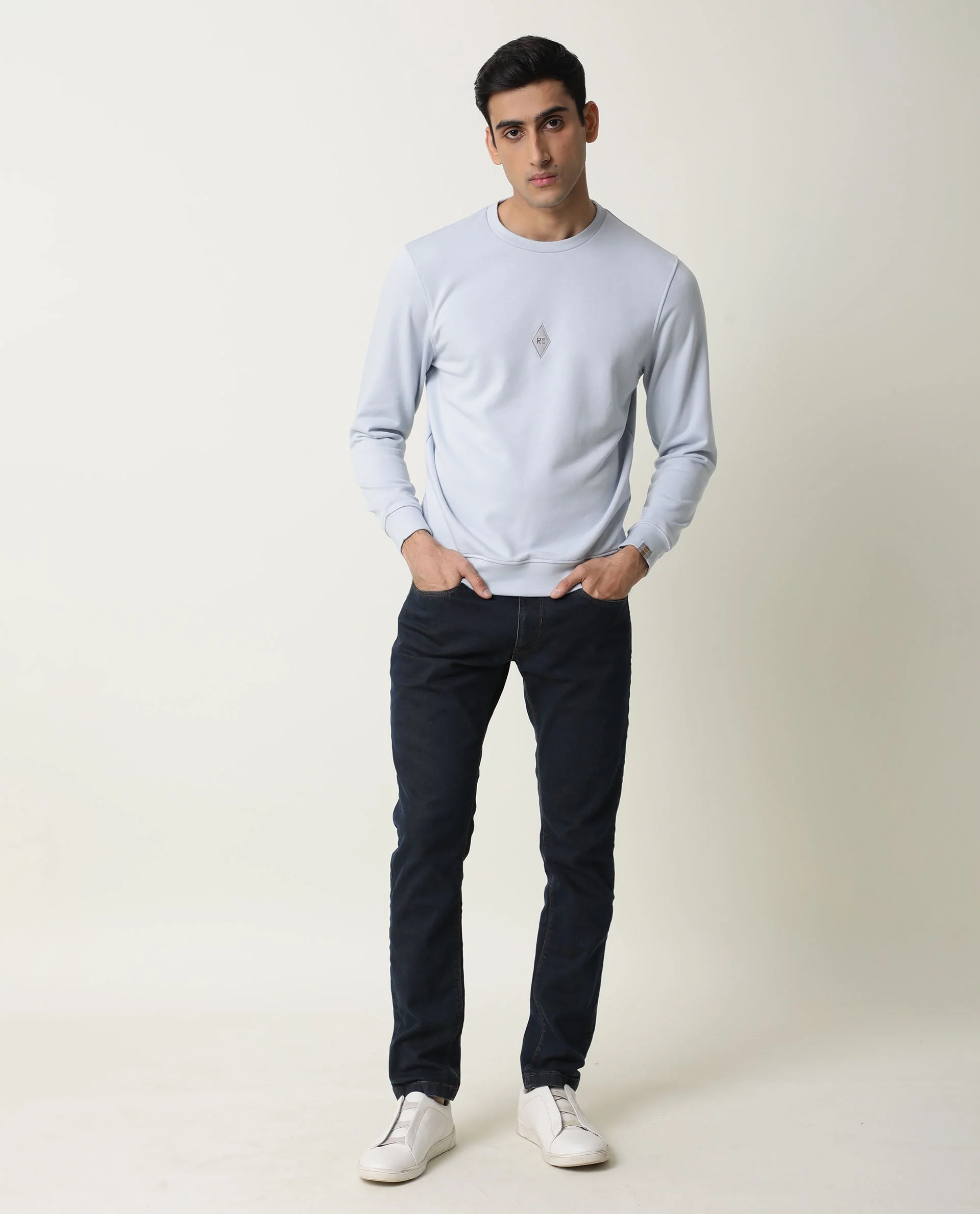 Rare Rabbit Men's Jade Blue Cotton Plain Slim Fit Full Sleeve Crew Neck Sweatshirt - Image 2