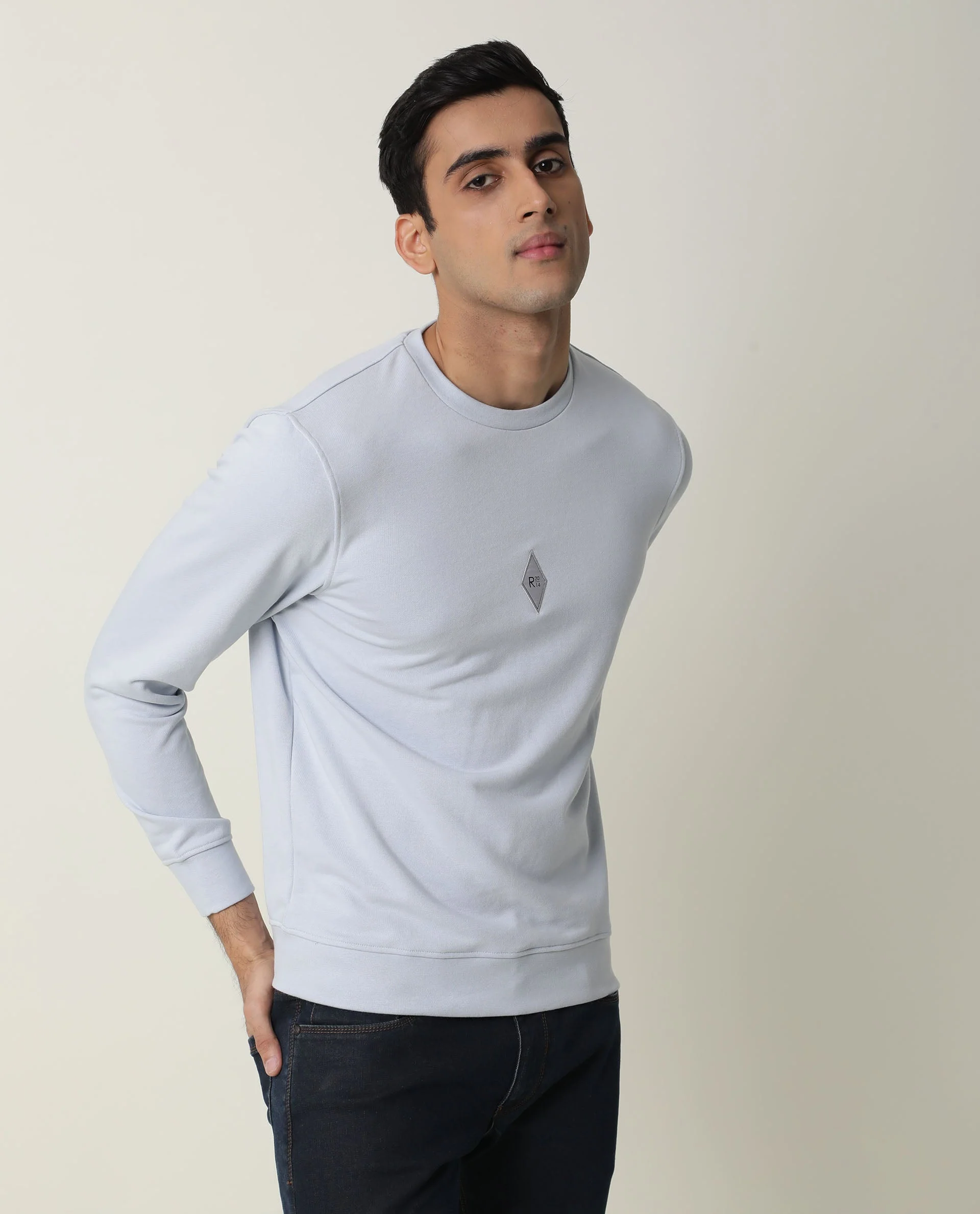 Rare Rabbit Men's Jade Blue Cotton Plain Slim Fit Full Sleeve Crew Neck Sweatshirt - Image 3
