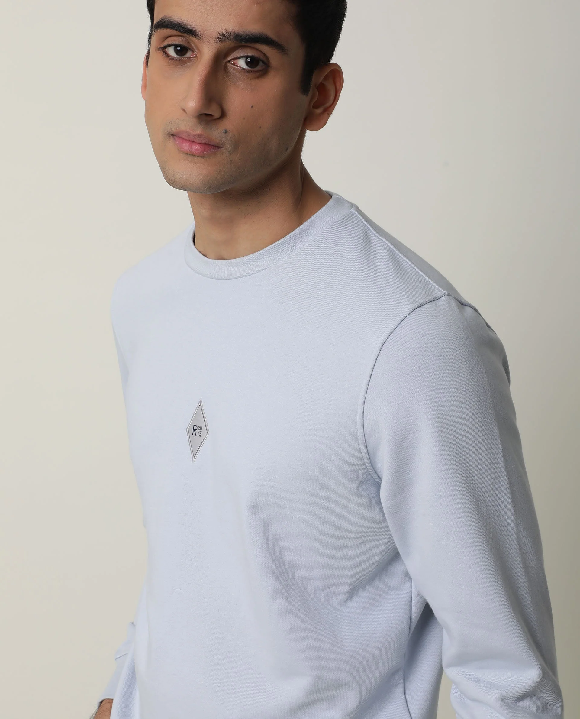 Rare Rabbit Men's Jade Blue Cotton Plain Slim Fit Full Sleeve Crew Neck Sweatshirt - Image 5
