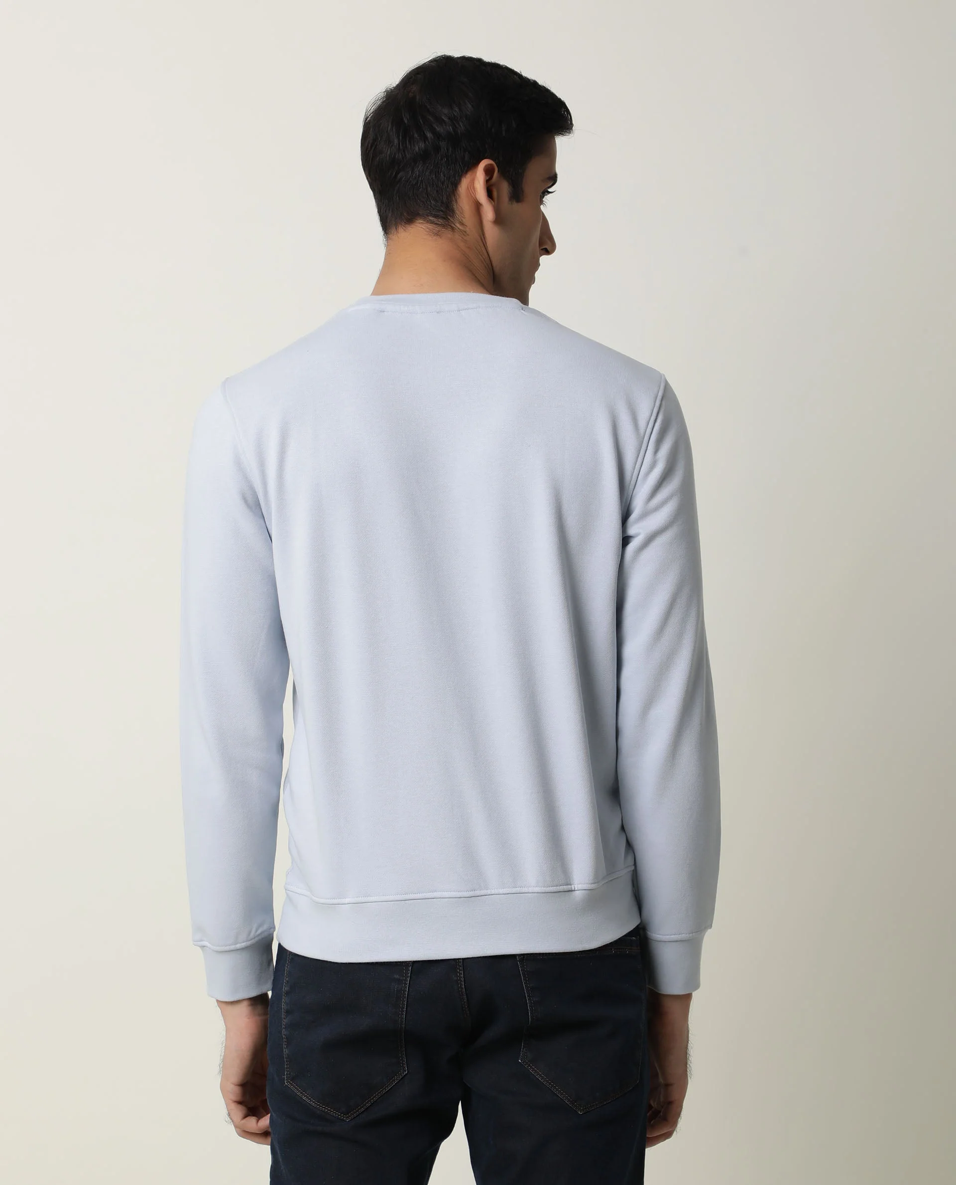 Rare Rabbit Men's Jade Blue Cotton Plain Slim Fit Full Sleeve Crew Neck Sweatshirt - Image 6