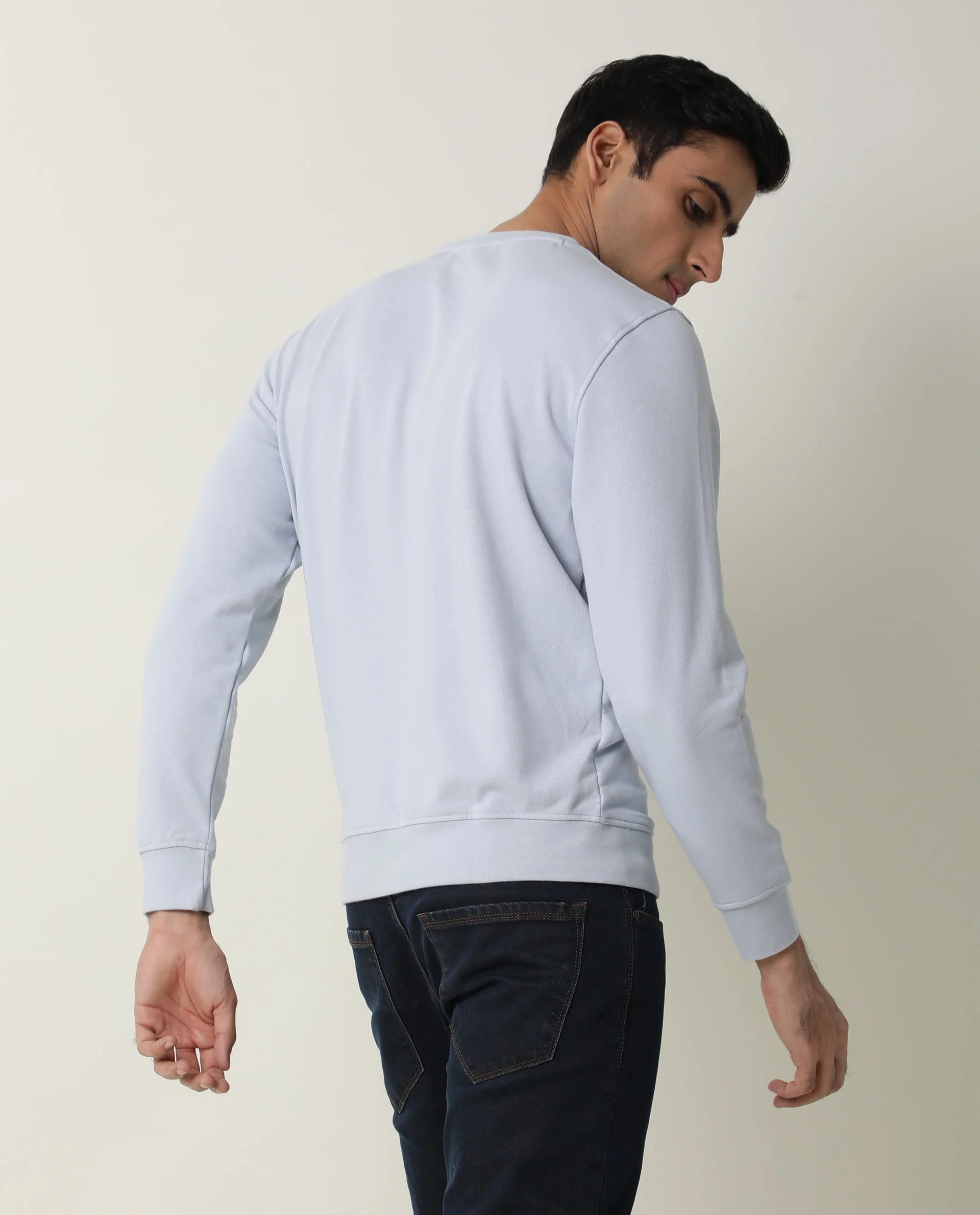 Rare Rabbit Men's Jade Blue Cotton Plain Slim Fit Full Sleeve Crew Neck Sweatshirt - Image 7