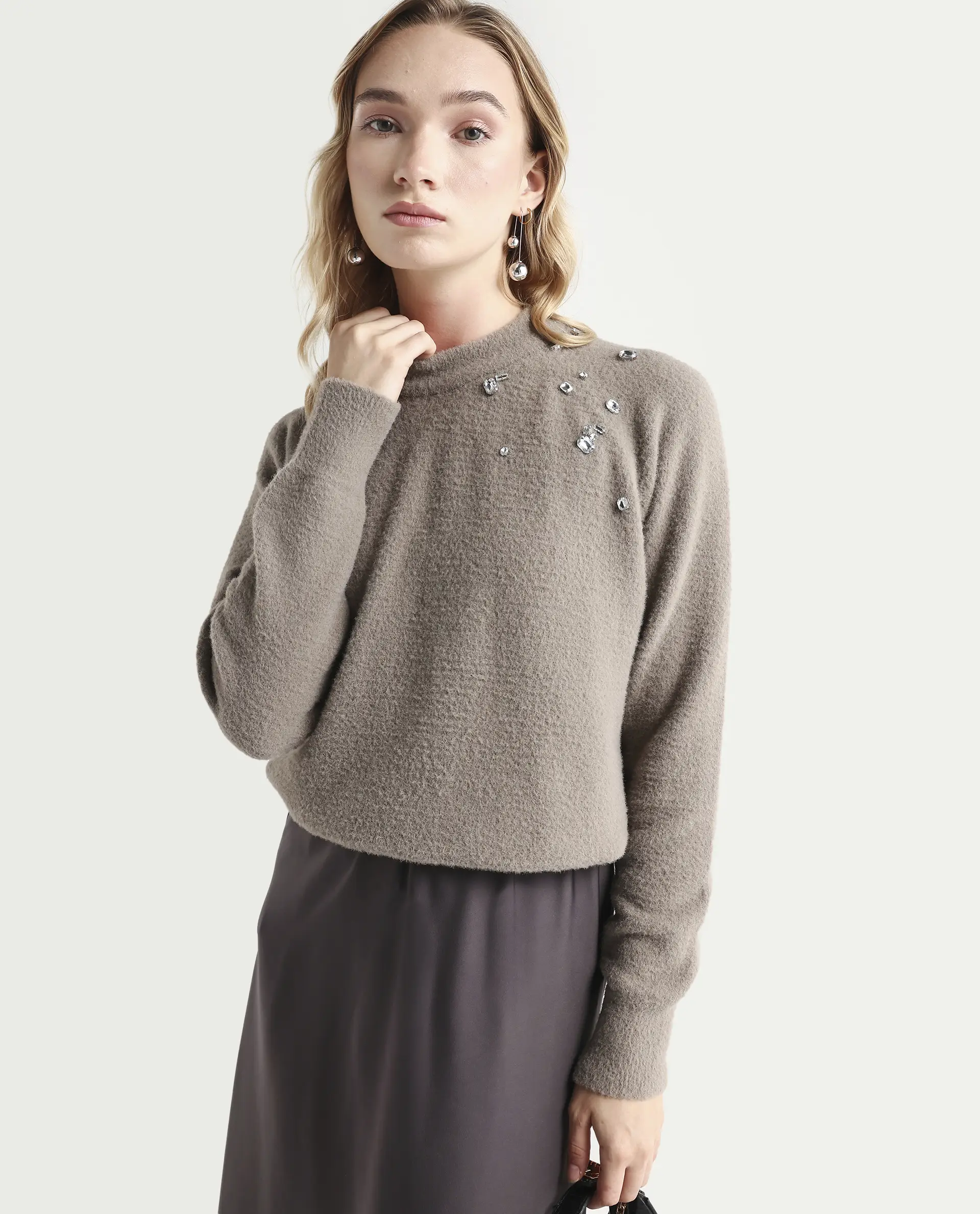 Rareism Women's Jade Dark Beige Nylon Crew Neck Relaxed Fit Sweater - Image 2