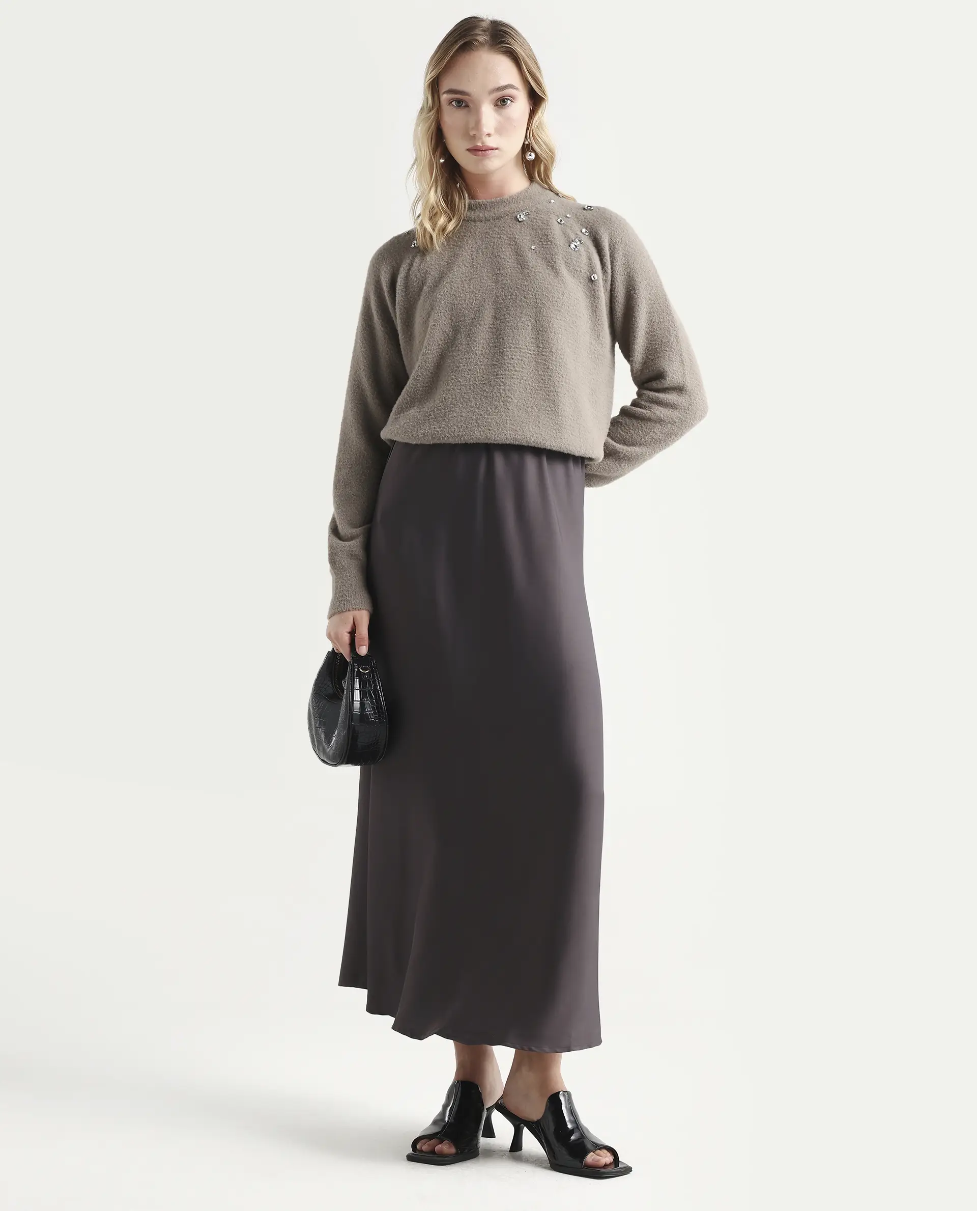 Rareism Women's Jade Dark Beige Nylon Crew Neck Relaxed Fit Sweater - Image 3