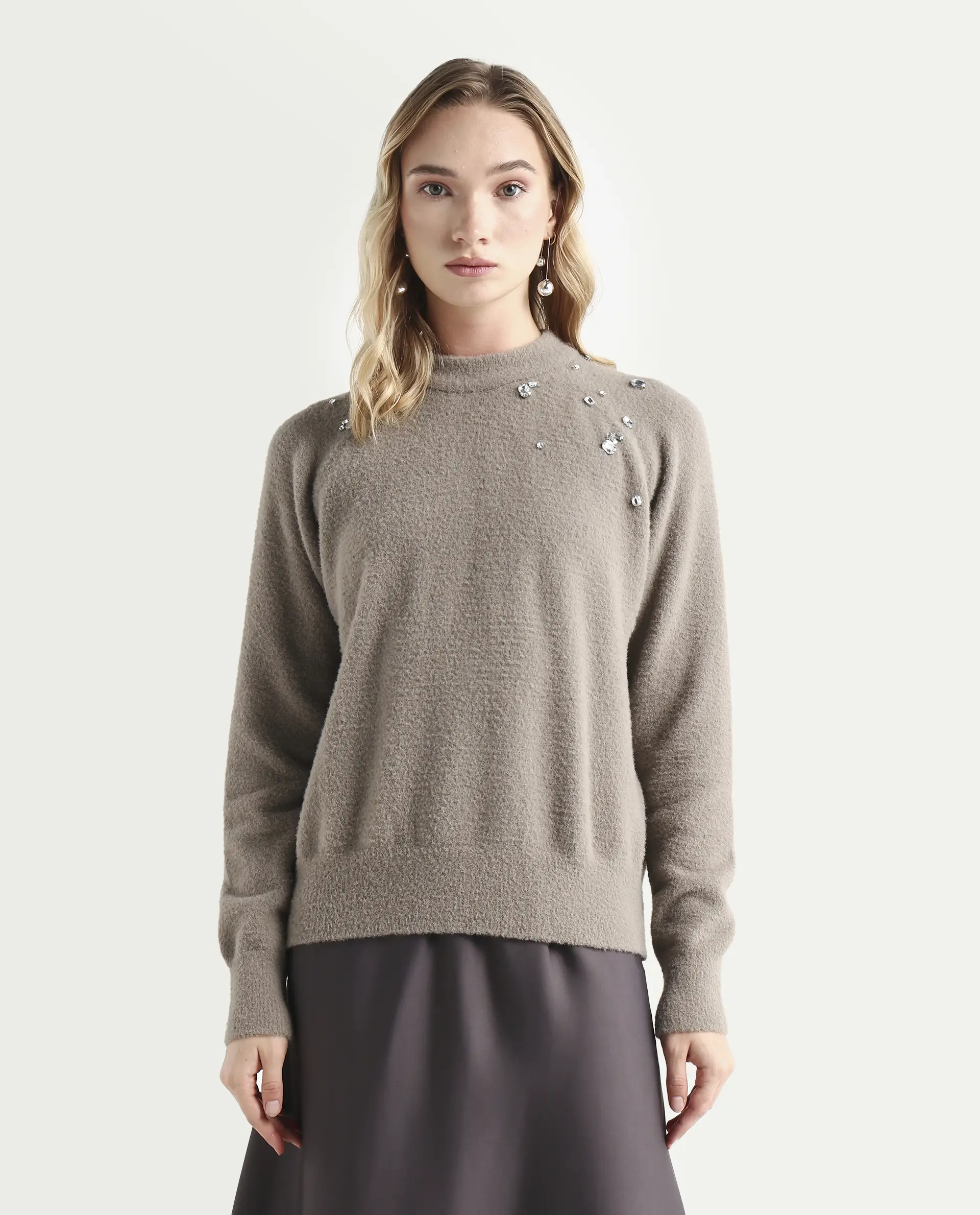 Rareism Women's Jade Dark Beige Nylon Crew Neck Relaxed Fit Sweater - Image 4