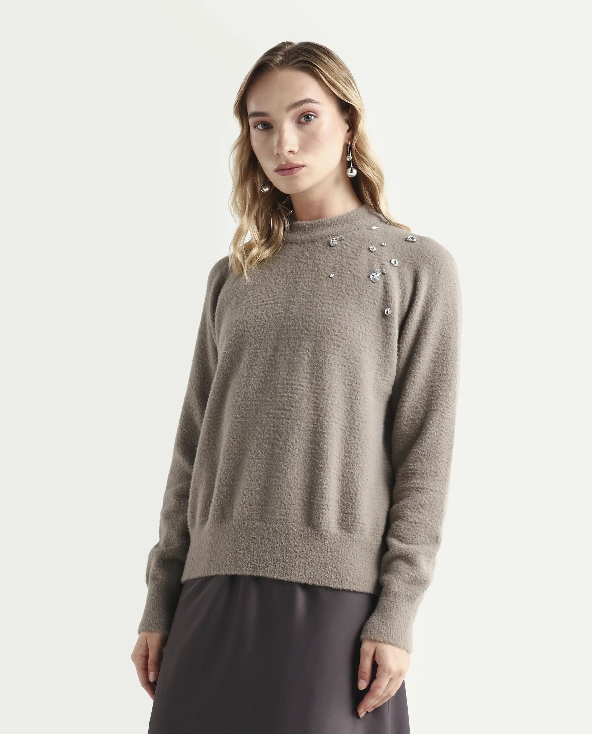 Rareism Women's Jade Dark Beige Nylon Crew Neck Relaxed Fit Sweater - Image 5