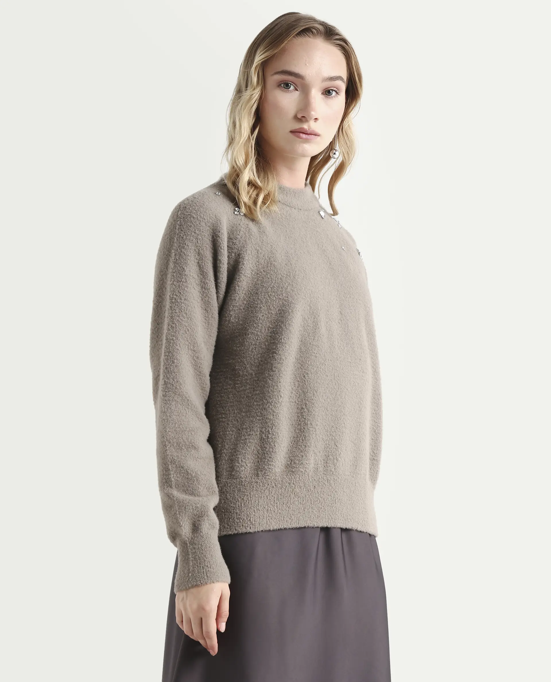 Rareism Women's Jade Dark Beige Nylon Crew Neck Relaxed Fit Sweater - Image 6