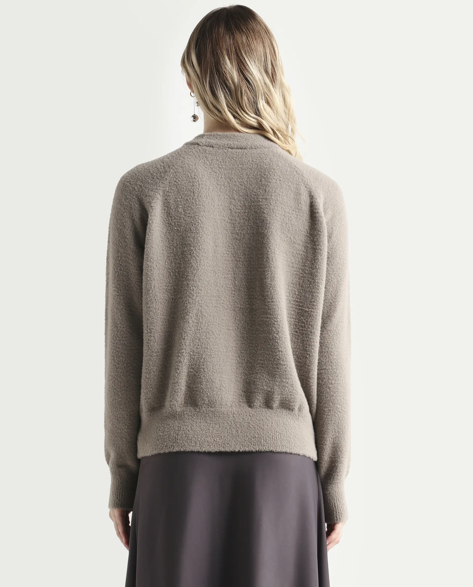 Rareism Women's Jade Dark Beige Nylon Crew Neck Relaxed Fit Sweater - Image 7