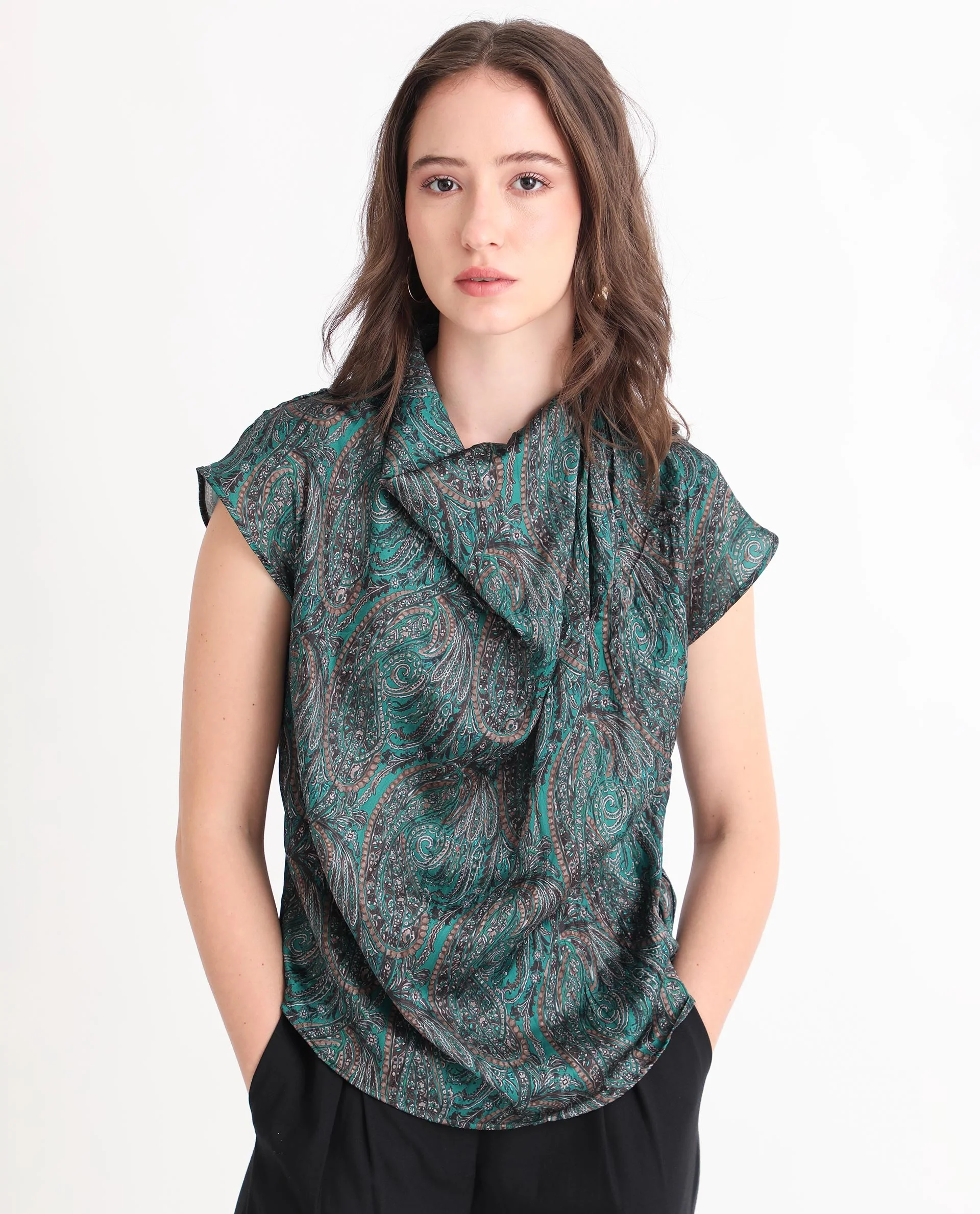 Rareism Women's Jadeny Dark Green Polyester Cowl Neck Paisley Print Extended Sleeves Regular Fit Top
