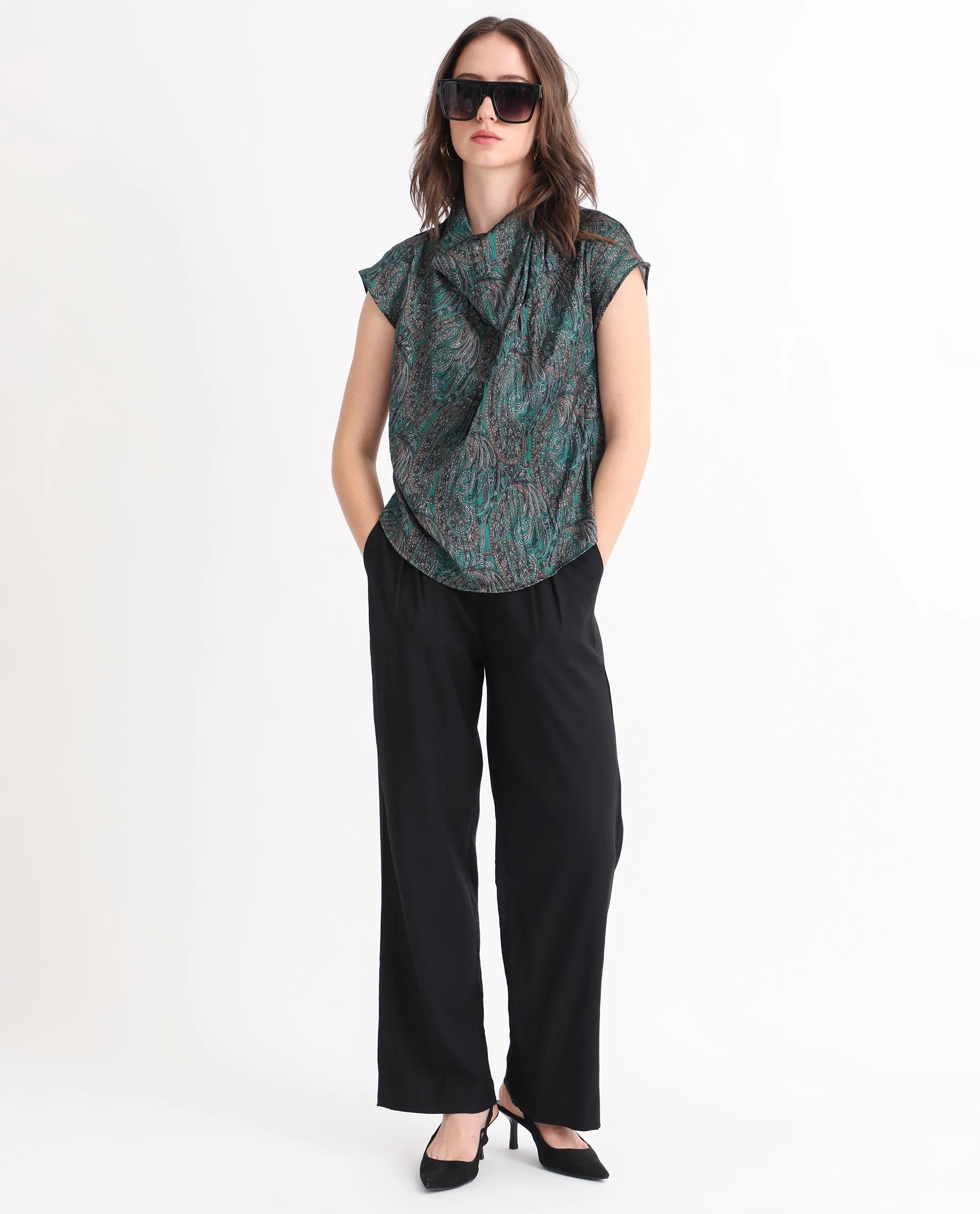 Rareism Women's Jadeny Dark Green Polyester Cowl Neck Paisley Print Extended Sleeves Regular Fit Top - Image 2