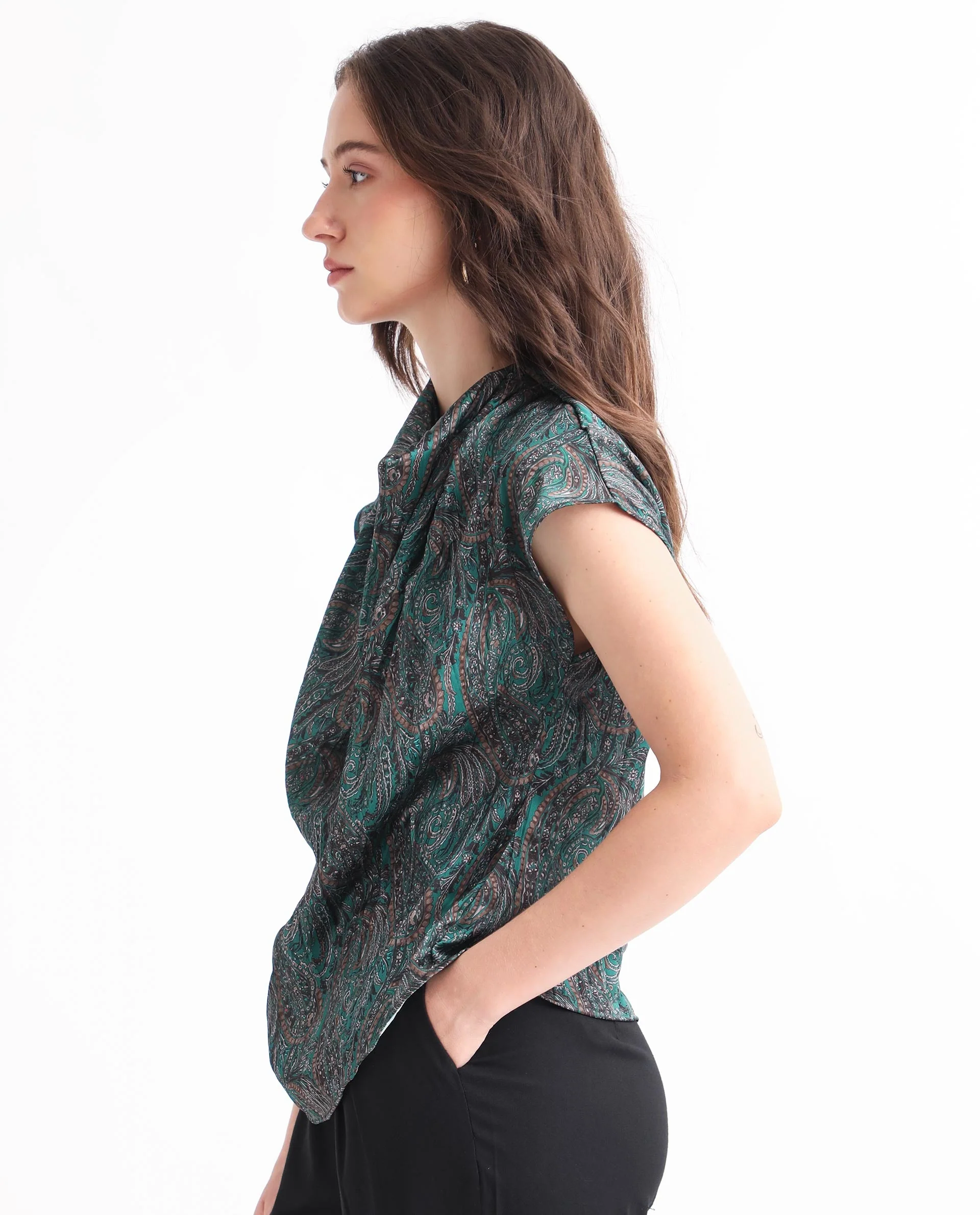 Rareism Women's Jadeny Dark Green Polyester Cowl Neck Paisley Print Extended Sleeves Regular Fit Top - Image 3