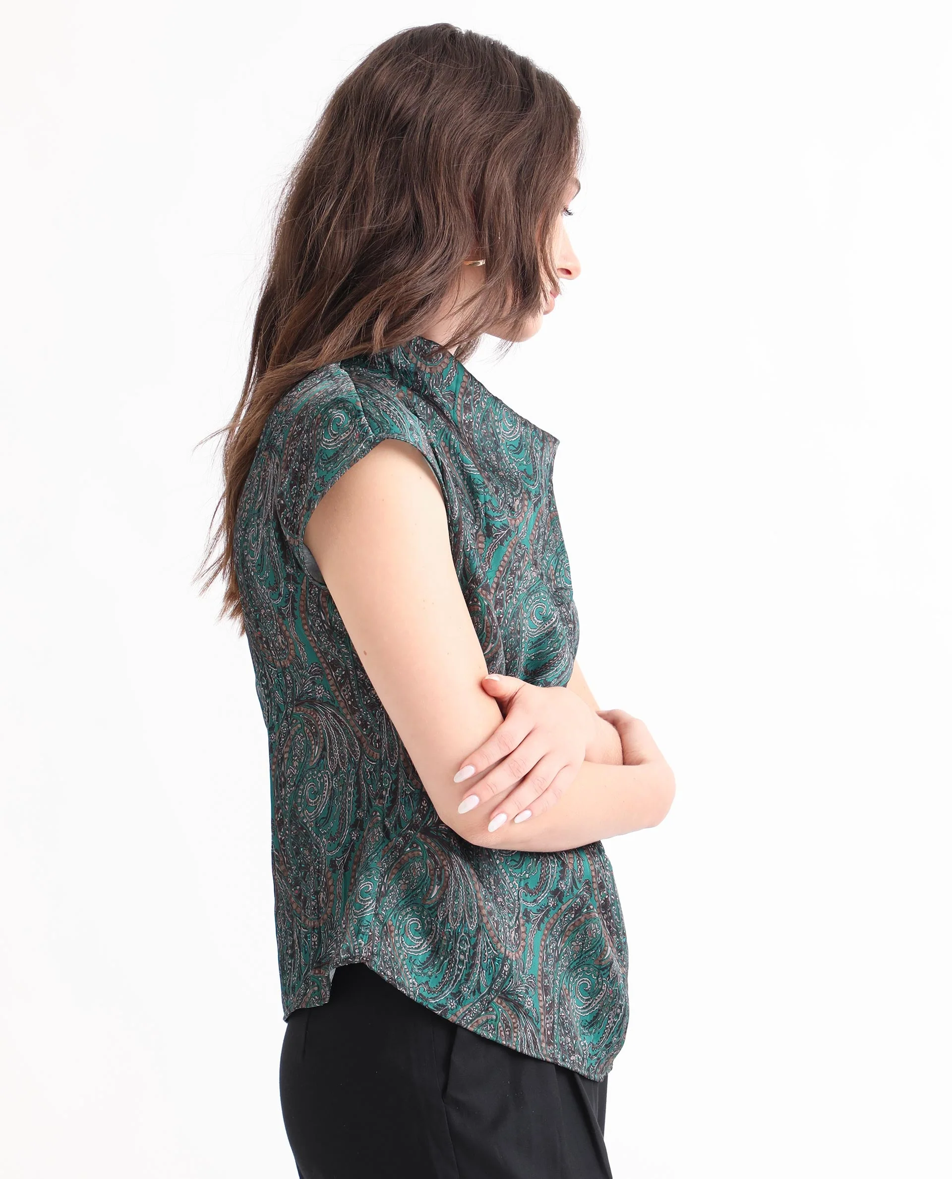 Rareism Women's Jadeny Dark Green Polyester Cowl Neck Paisley Print Extended Sleeves Regular Fit Top - Image 4