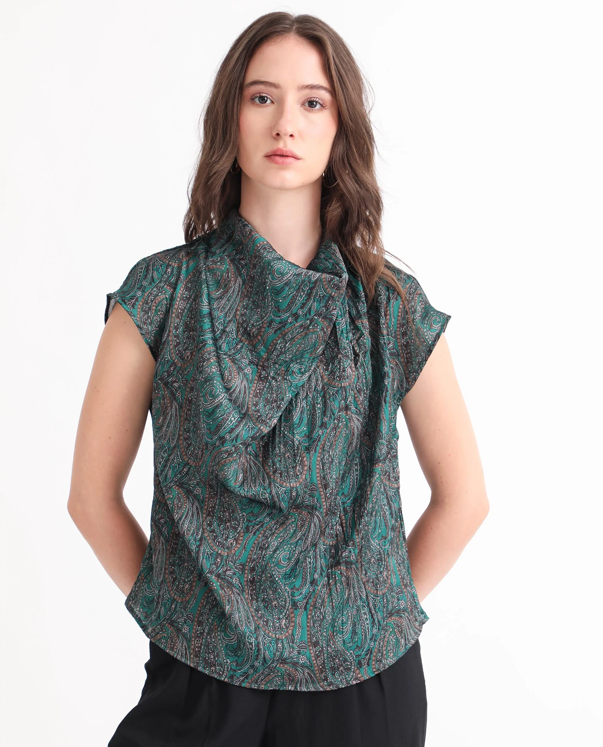 Rareism Women's Jadeny Dark Green Polyester Cowl Neck Paisley Print Extended Sleeves Regular Fit Top - Image 5