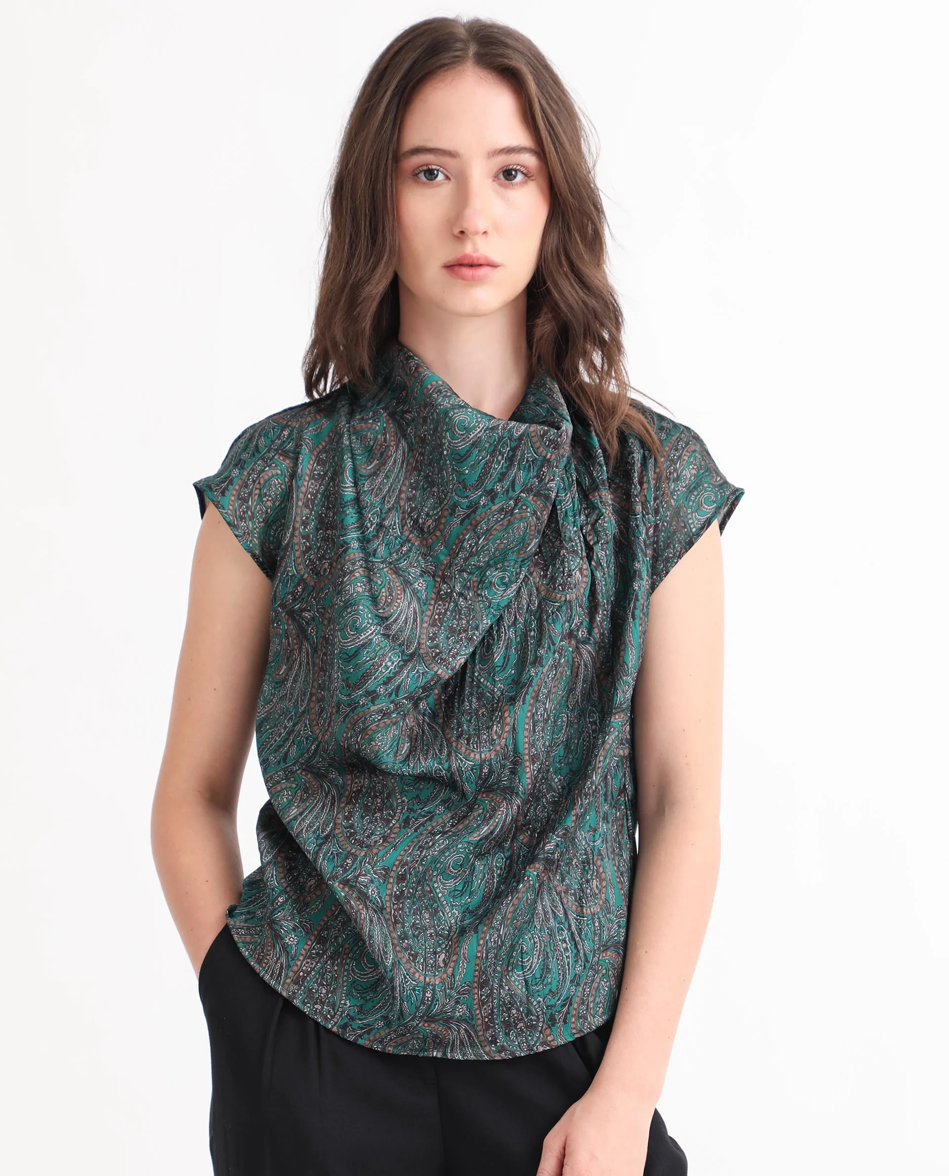 Rareism Women's Jadeny Dark Green Polyester Cowl Neck Paisley Print Extended Sleeves Regular Fit Top - Image 6