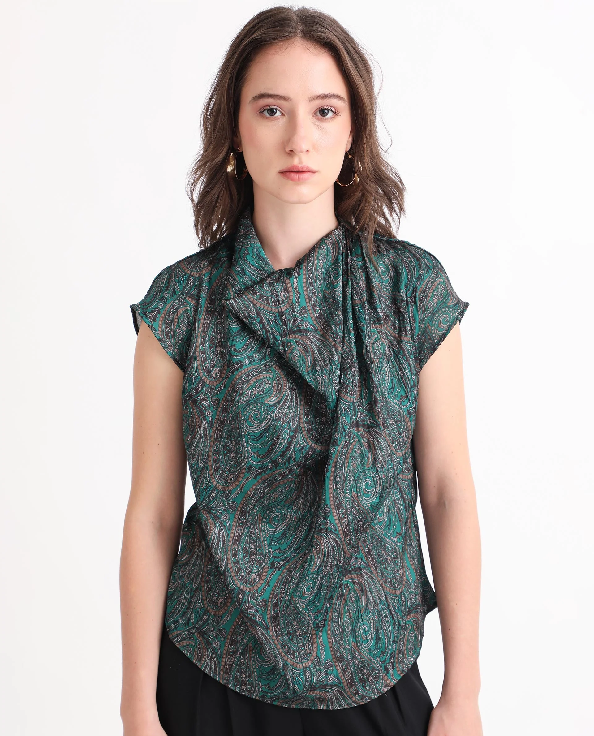 Rareism Women's Jadeny Dark Green Polyester Cowl Neck Paisley Print Extended Sleeves Regular Fit Top - Image 7