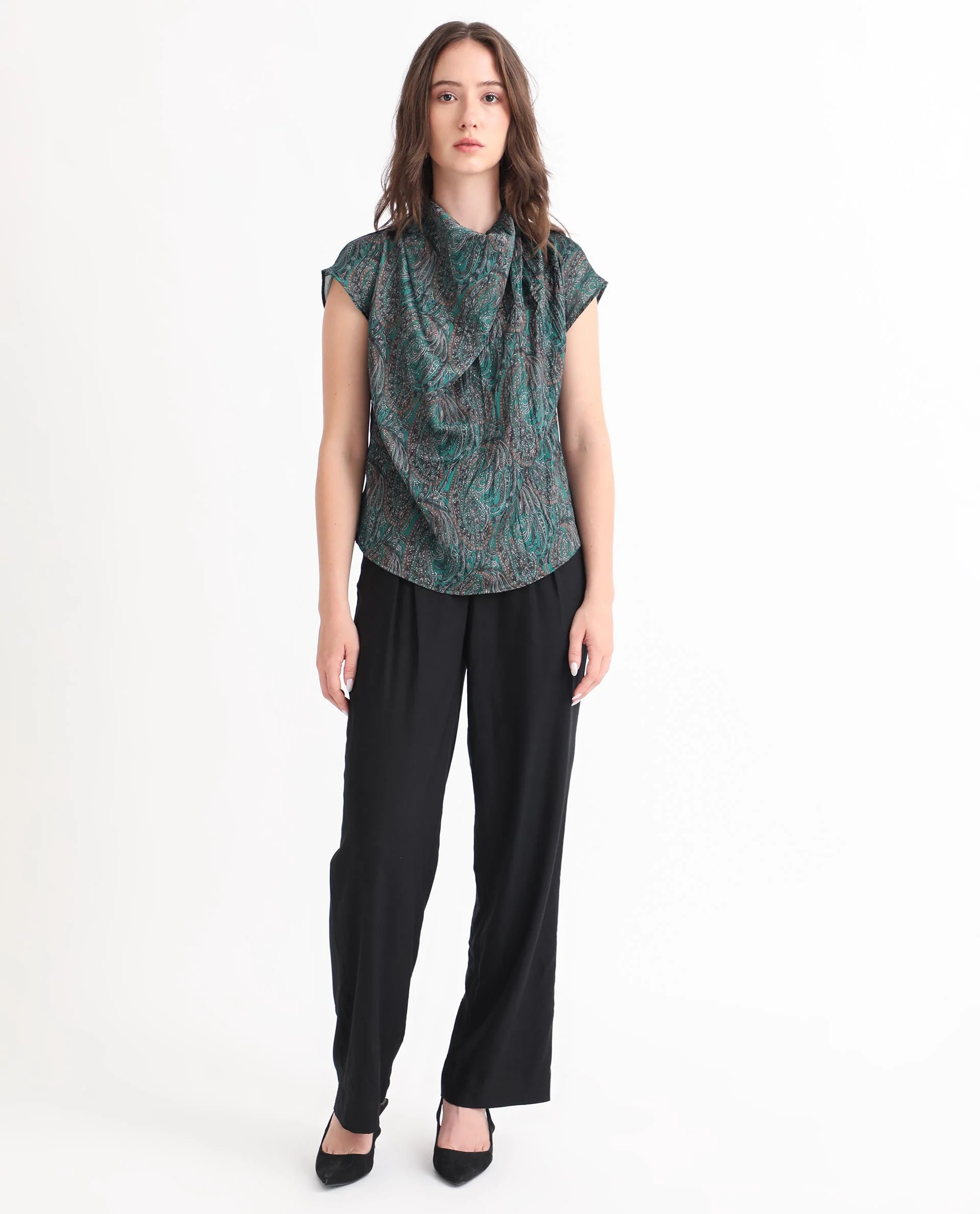 Rareism Women's Jadeny Dark Green Polyester Cowl Neck Paisley Print Extended Sleeves Regular Fit Top - Image 8