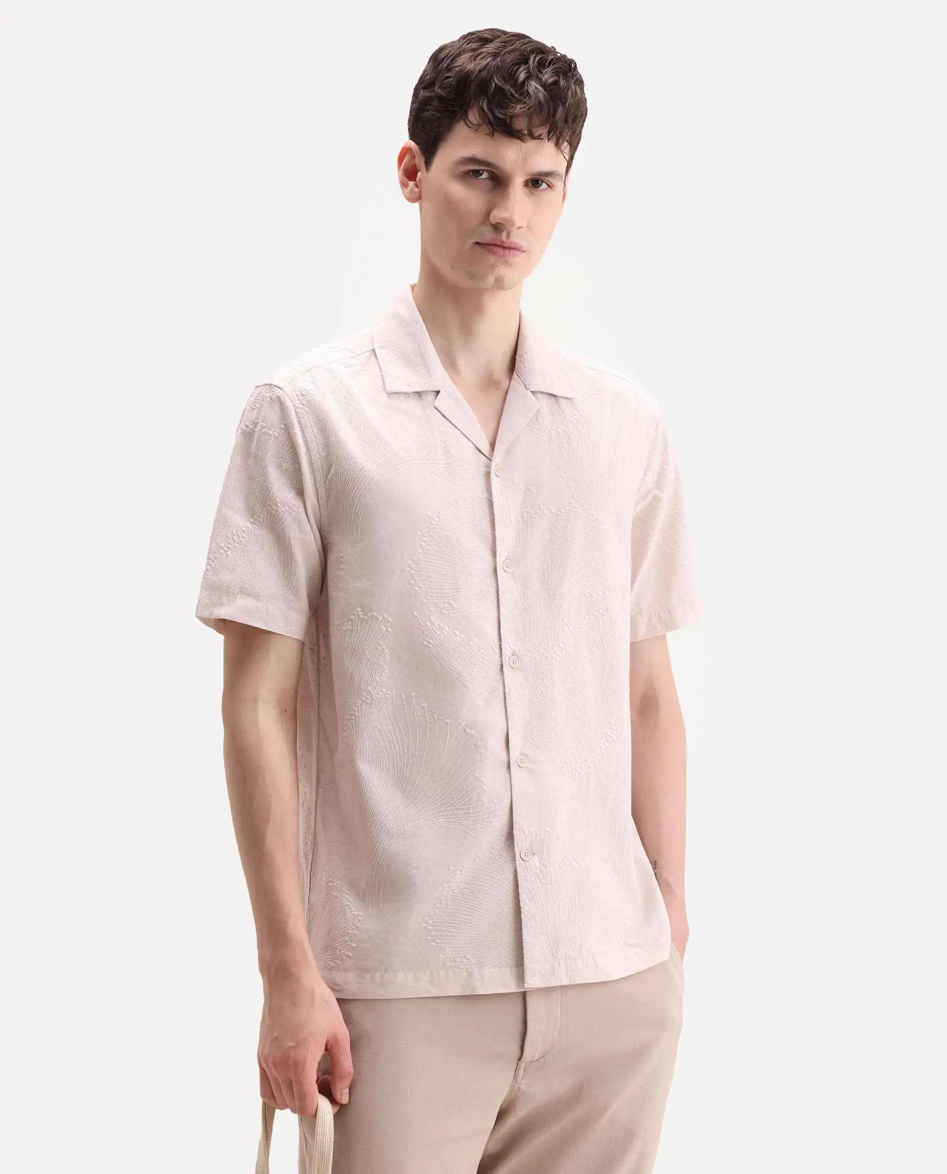 Rare Rabbit Men's Jaff-26 Beige Cotton Fabric Half Sleeve Cuban Collar Button Relaxed Fit Embroidered Shirt