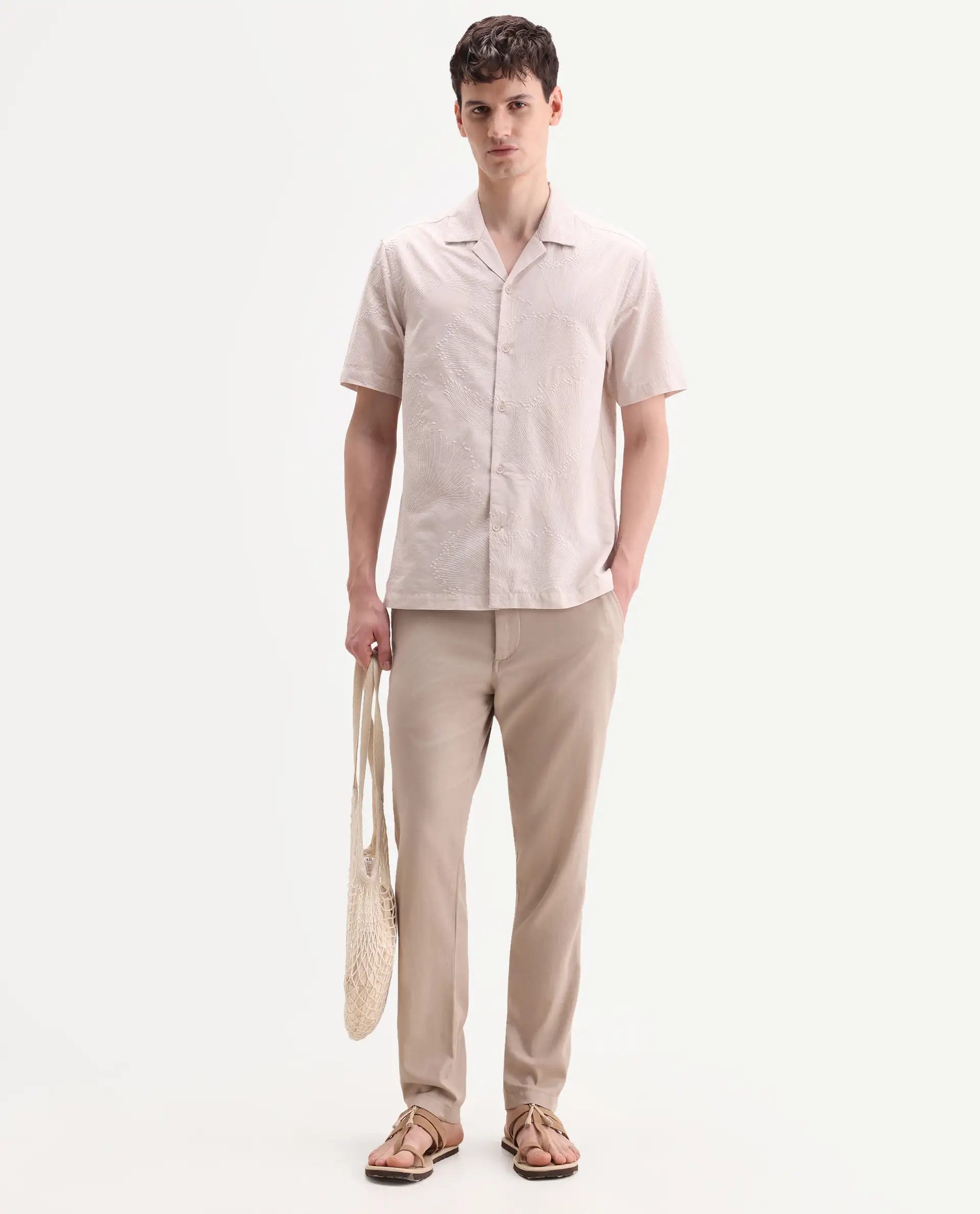 Rare Rabbit Men's Jaff-26 Beige Cotton Fabric Half Sleeve Cuban Collar Button Relaxed Fit Embroidered Shirt - Image 2
