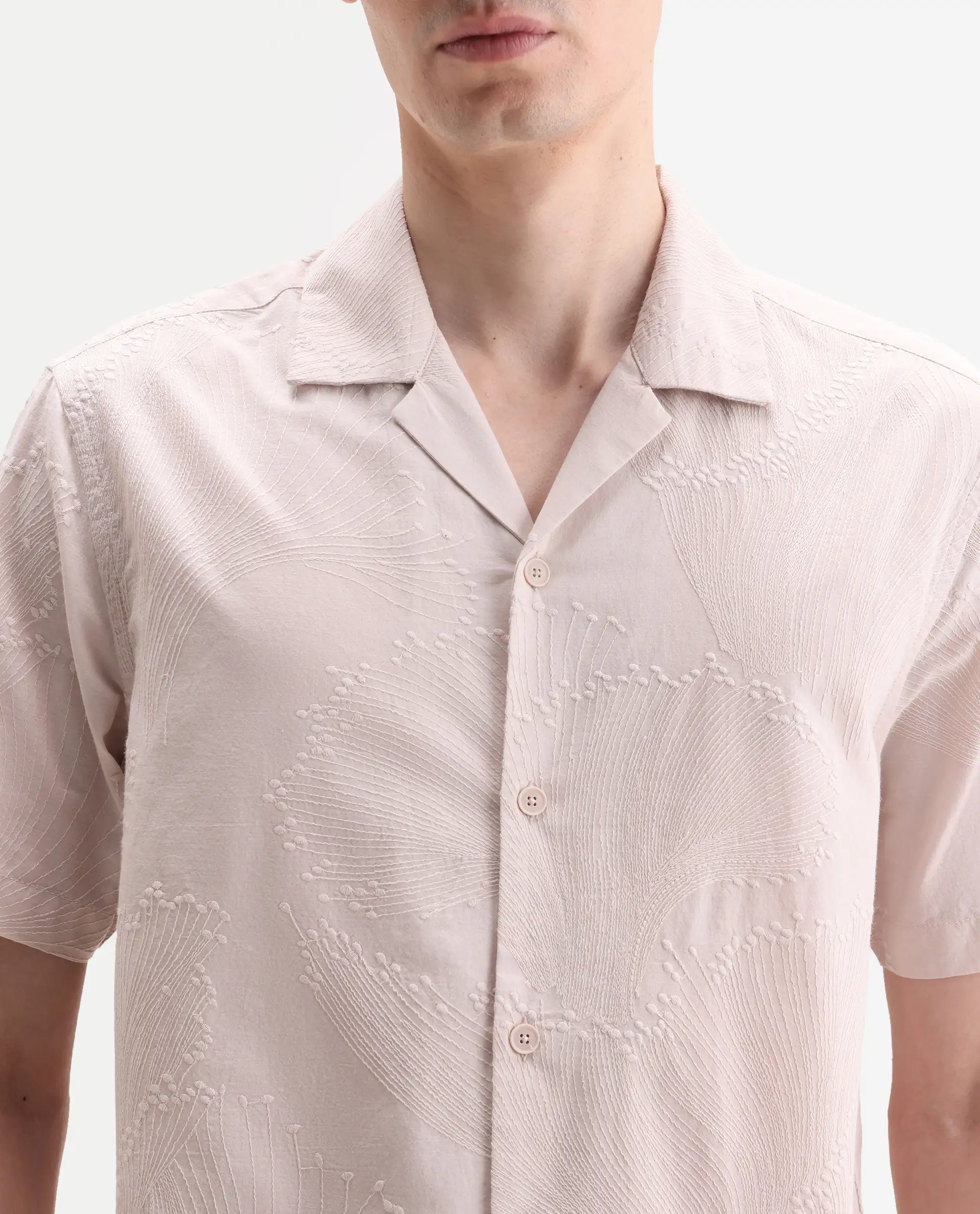 Rare Rabbit Men's Jaff-26 Beige Cotton Fabric Half Sleeve Cuban Collar Button Relaxed Fit Embroidered Shirt - Image 3