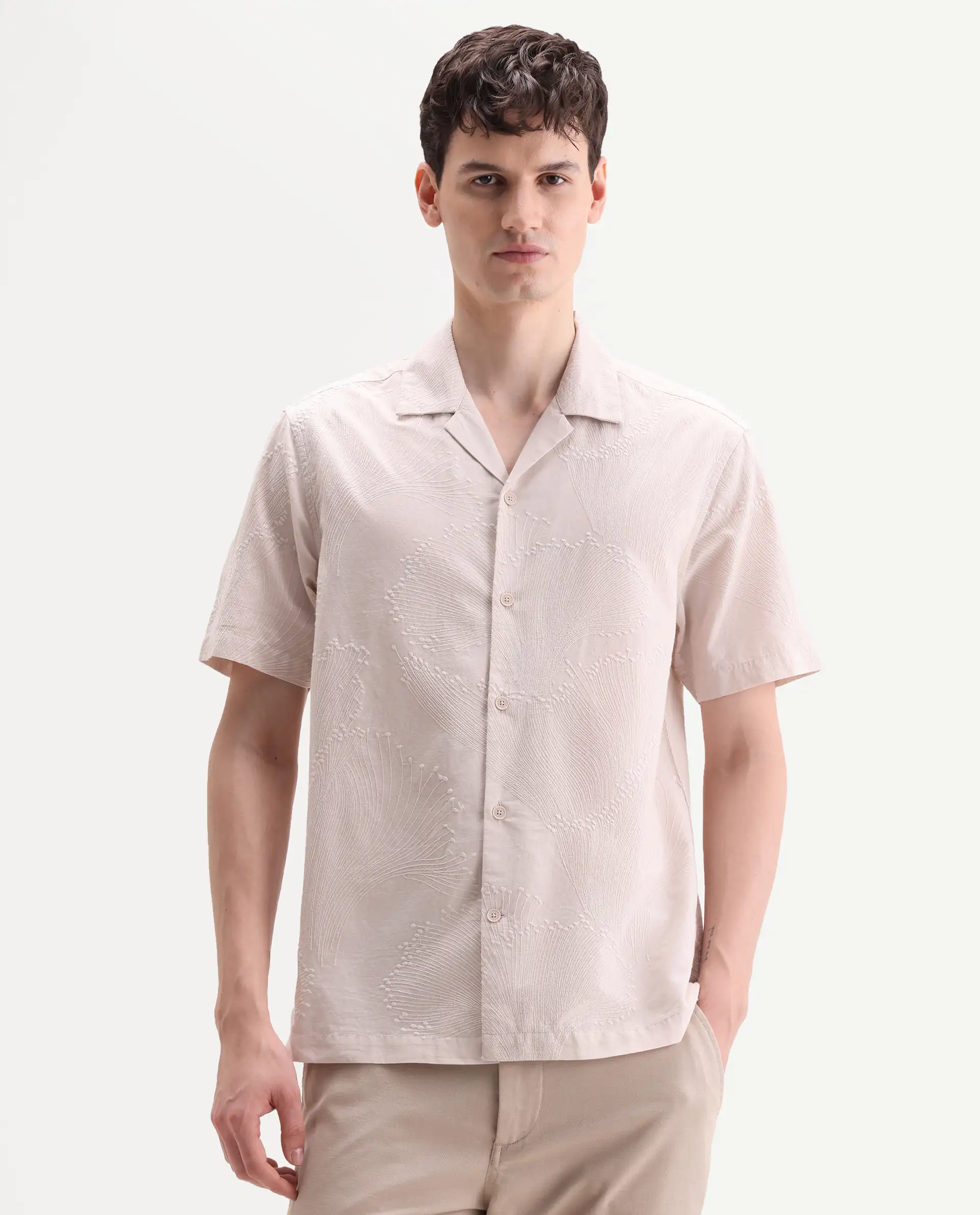 Rare Rabbit Men's Jaff-26 Beige Cotton Fabric Half Sleeve Cuban Collar Button Relaxed Fit Embroidered Shirt - Image 4