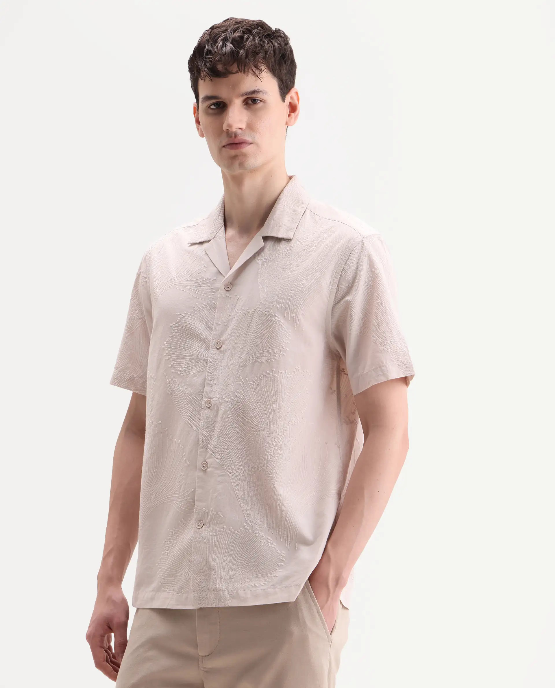 Rare Rabbit Men's Jaff-26 Beige Cotton Fabric Half Sleeve Cuban Collar Button Relaxed Fit Embroidered Shirt - Image 5