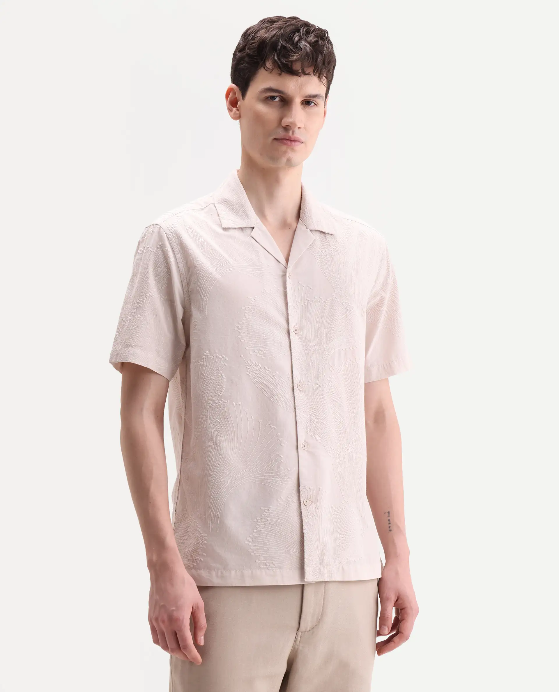Rare Rabbit Men's Jaff-26 Beige Cotton Fabric Half Sleeve Cuban Collar Button Relaxed Fit Embroidered Shirt - Image 6