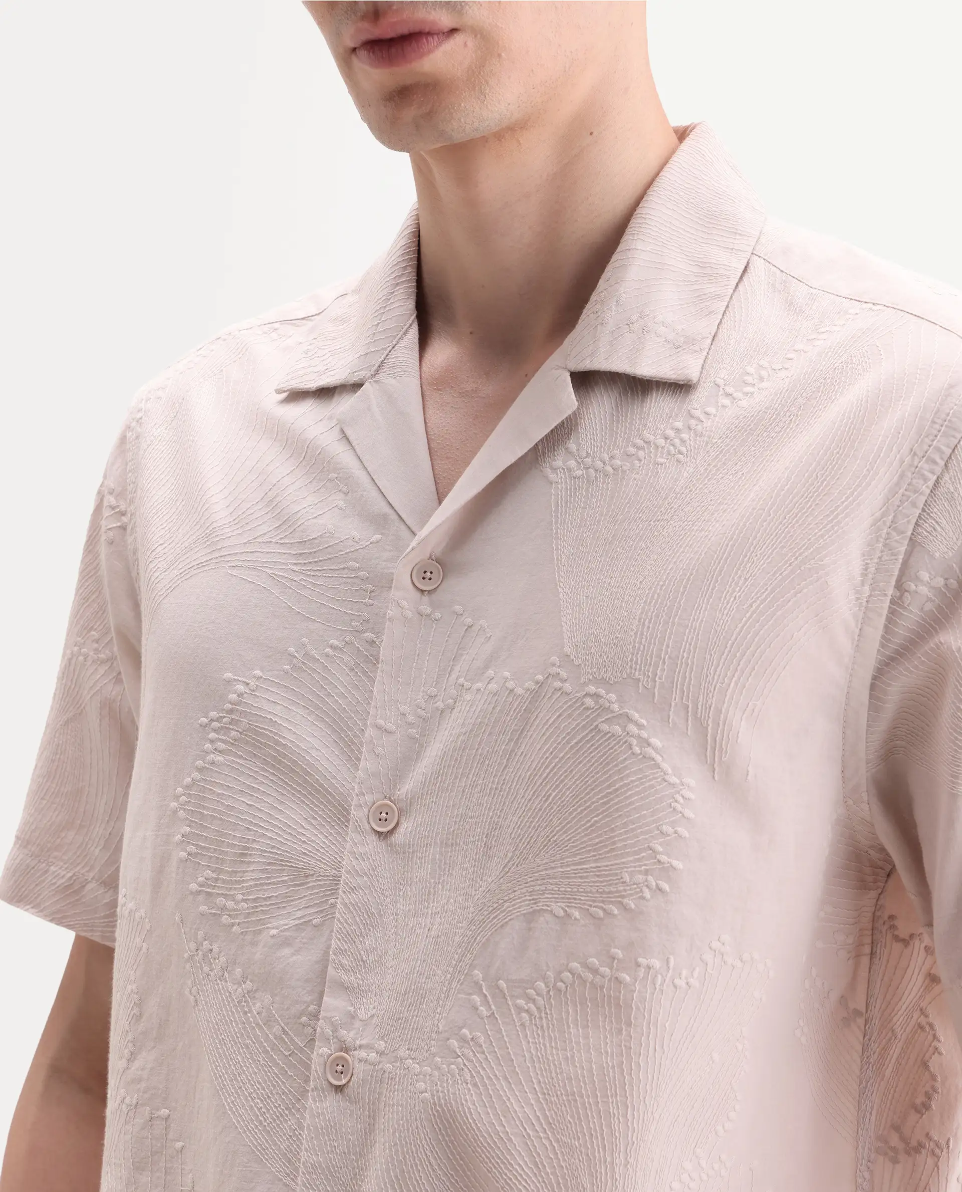 Rare Rabbit Men's Jaff-26 Beige Cotton Fabric Half Sleeve Cuban Collar Button Relaxed Fit Embroidered Shirt - Image 7