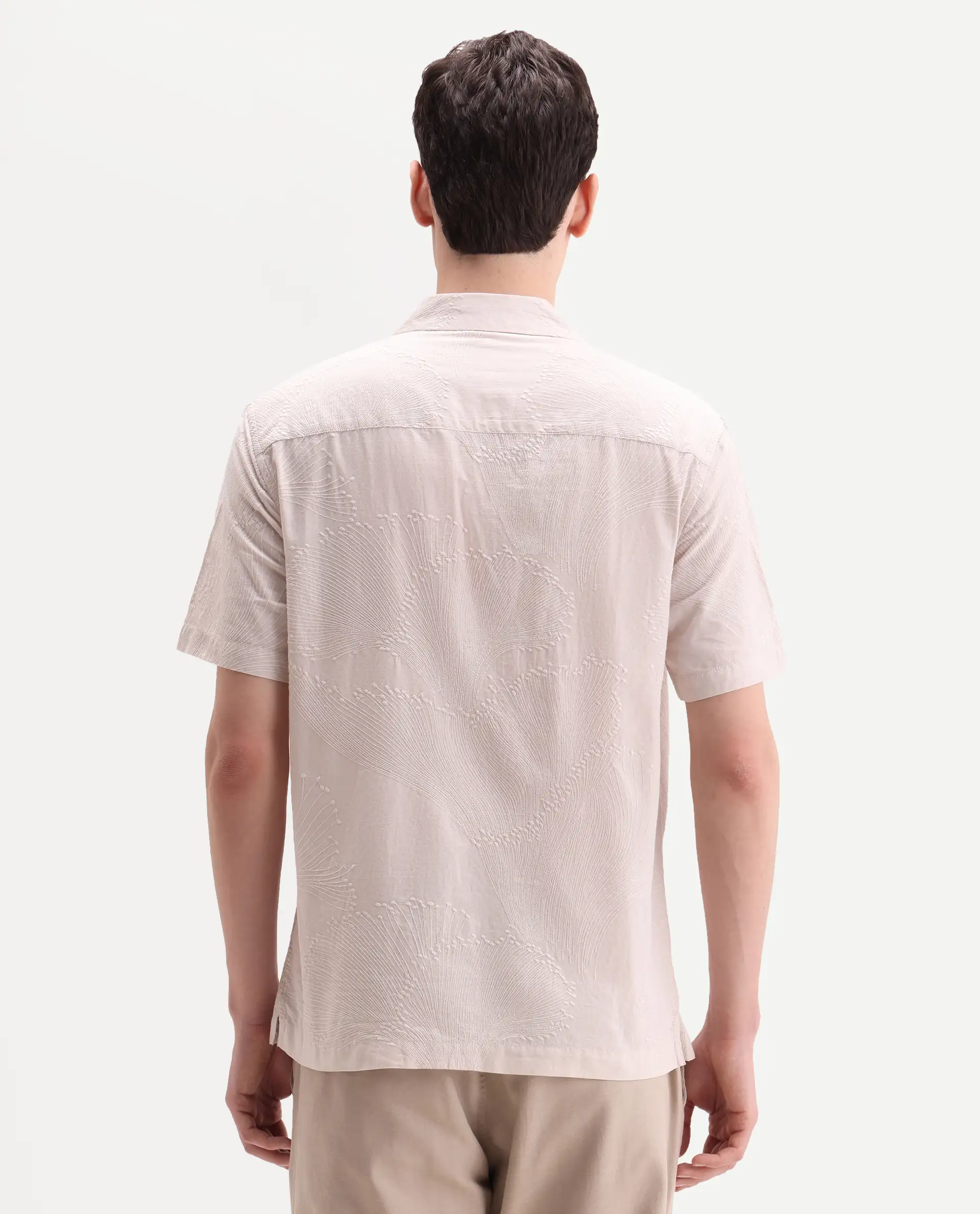 Rare Rabbit Men's Jaff-26 Beige Cotton Fabric Half Sleeve Cuban Collar Button Relaxed Fit Embroidered Shirt - Image 8
