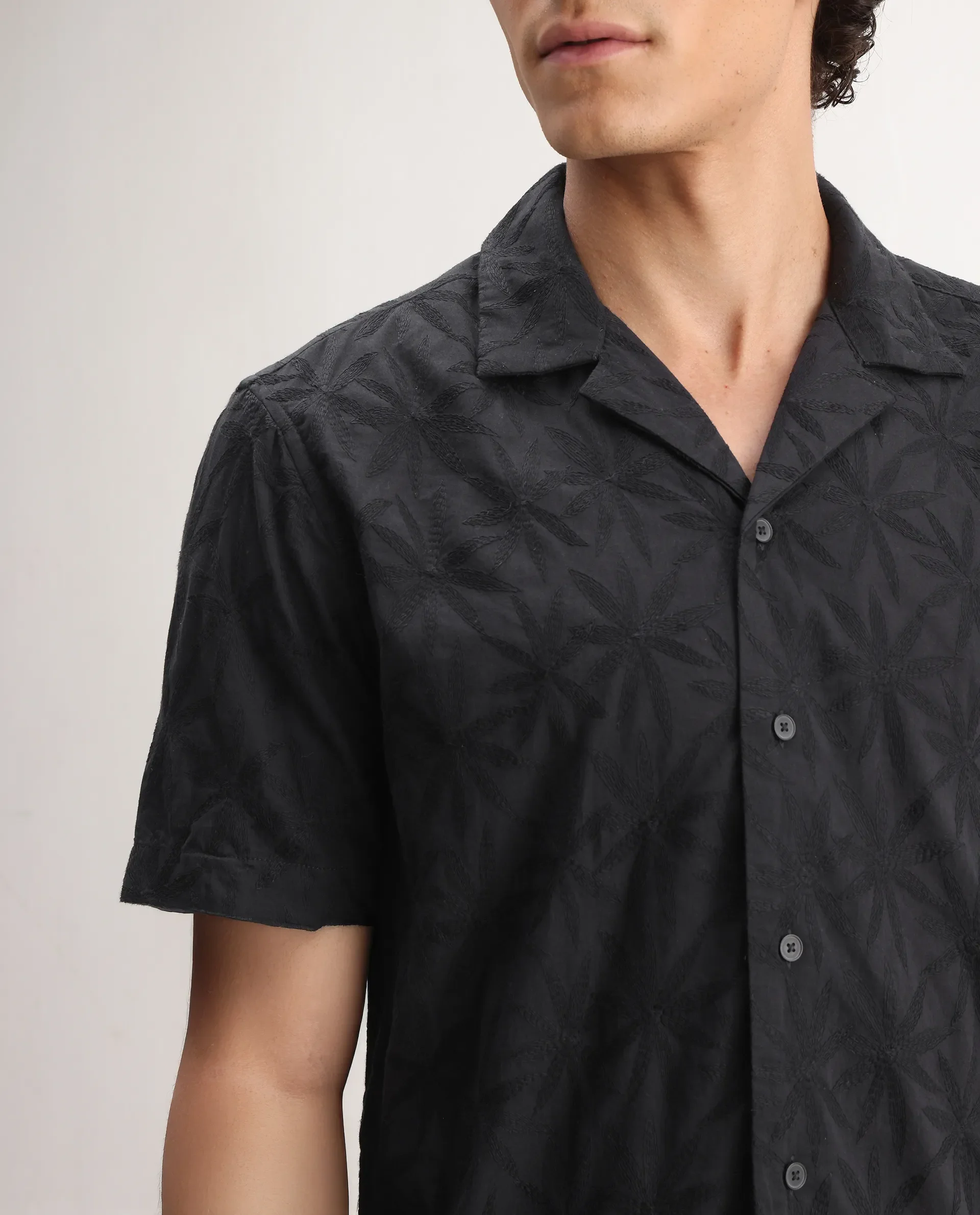 Rare Rabbit Men's Jaff Black Cotton Embroidered Boxy Fit Half Sleeve Cuban Collar Shirt - Image 3
