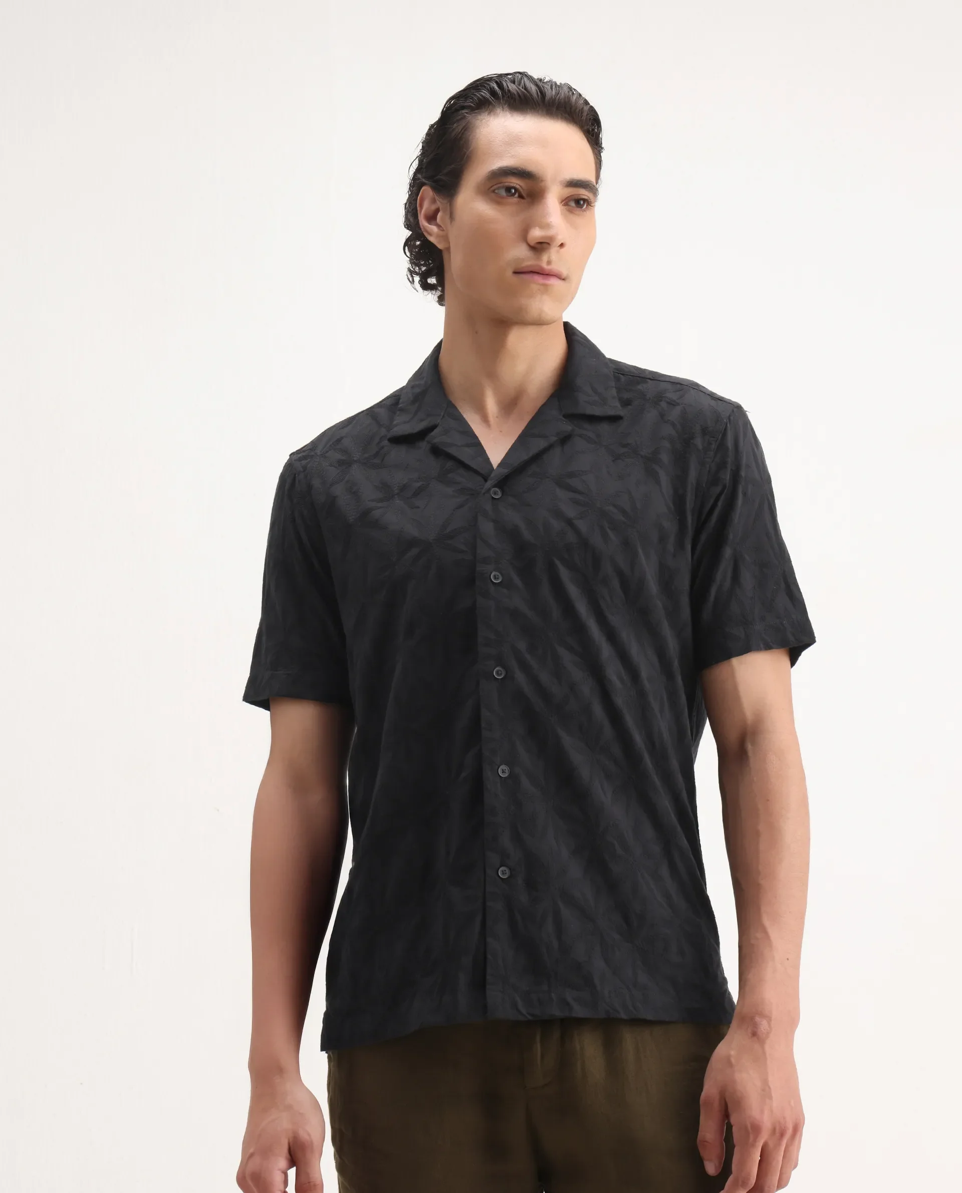 Rare Rabbit Men's Jaff Black Cotton Embroidered Boxy Fit Half Sleeve Cuban Collar Shirt - Image 4