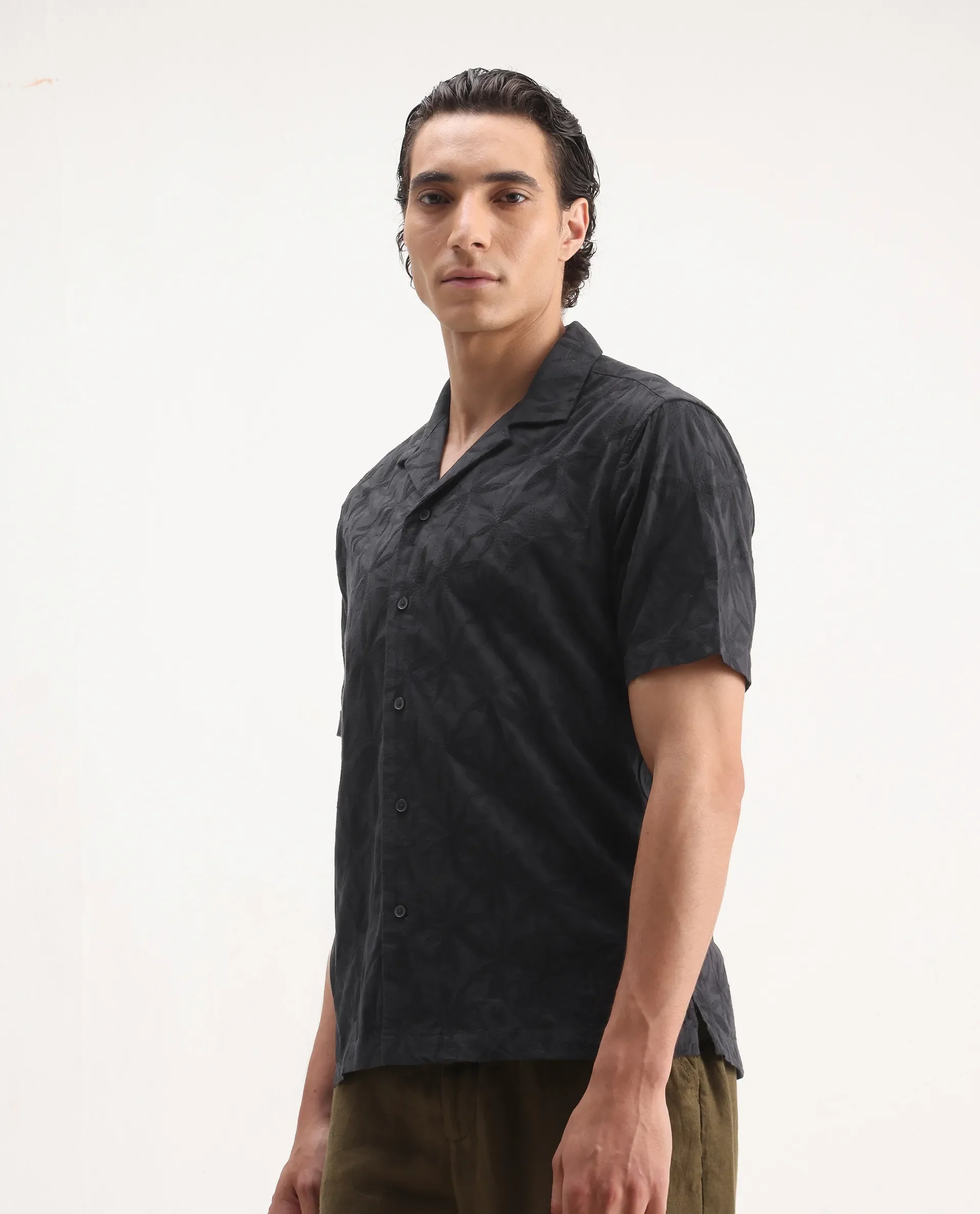 Rare Rabbit Men's Jaff Black Cotton Embroidered Boxy Fit Half Sleeve Cuban Collar Shirt - Image 5